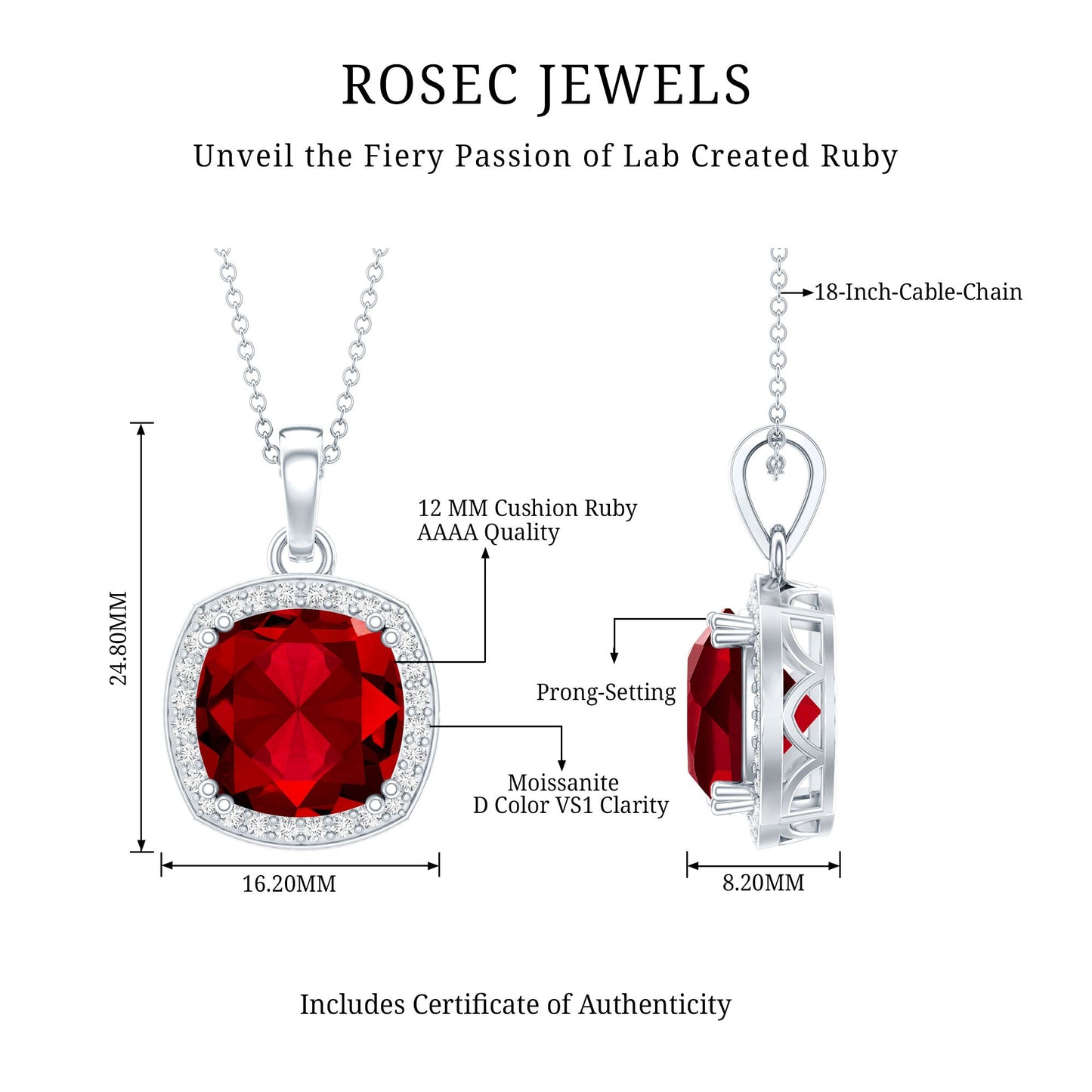 4 Carat Cushion Cut Lab Grown Ruby and Moissanite Halo Pendant Necklace