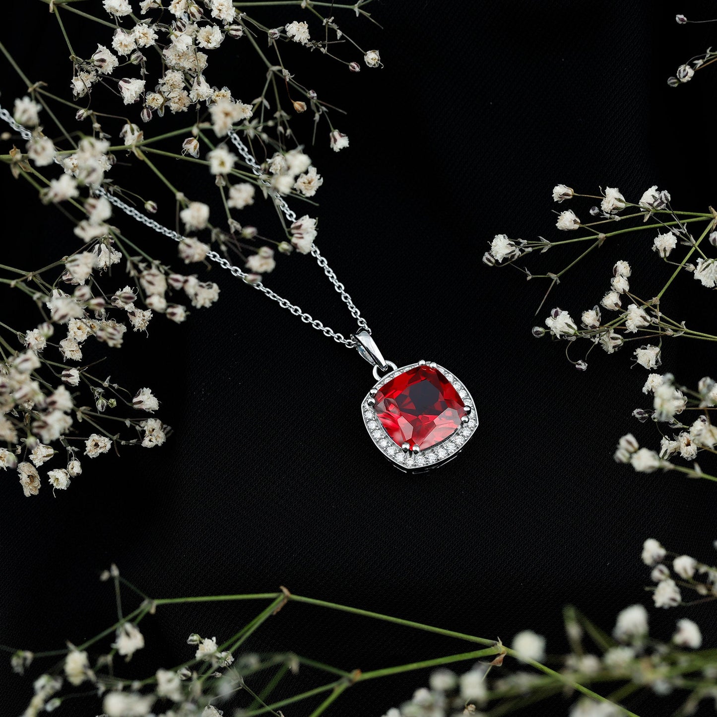 4 Carat Cushion Cut Lab Grown Ruby and Moissanite Halo Pendant Necklace