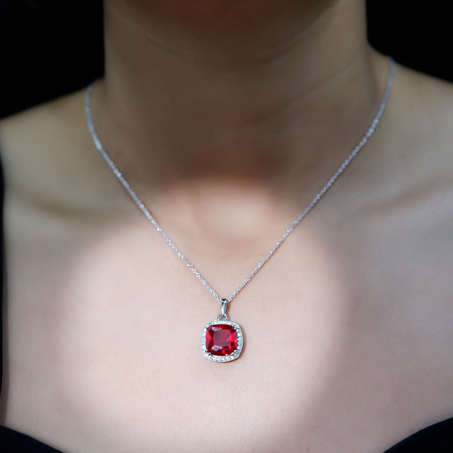 4 Carat Cushion Cut Lab Grown Ruby and Moissanite Halo Pendant Necklace