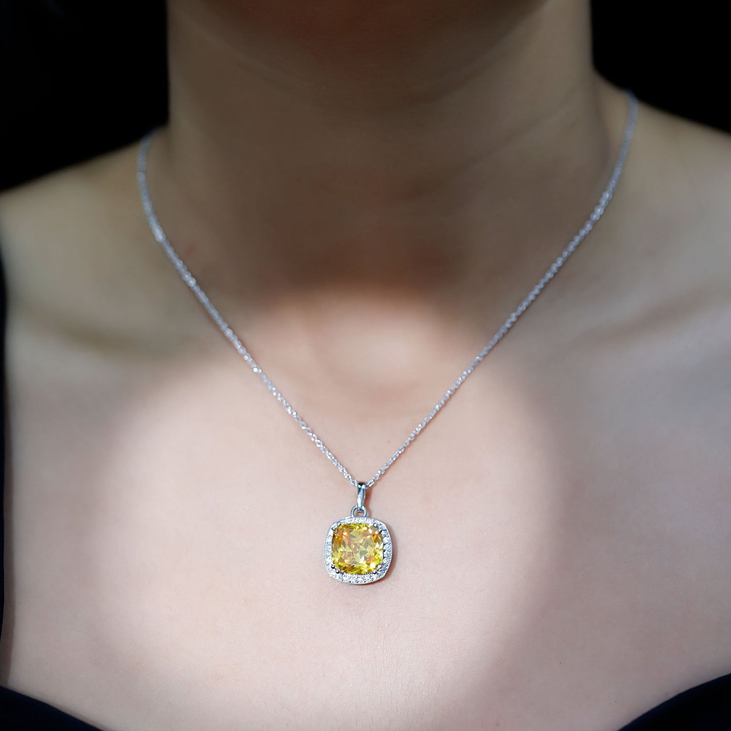9 Carat Cushion Cut Lab Yellow Sapphire Statement Necklace with Silver Chain