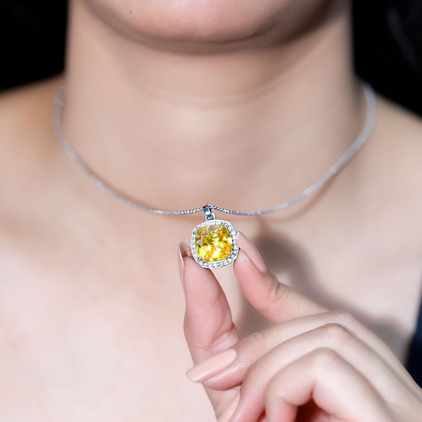 9 Carat Cushion Cut Lab Yellow Sapphire Statement Necklace with Silver Chain