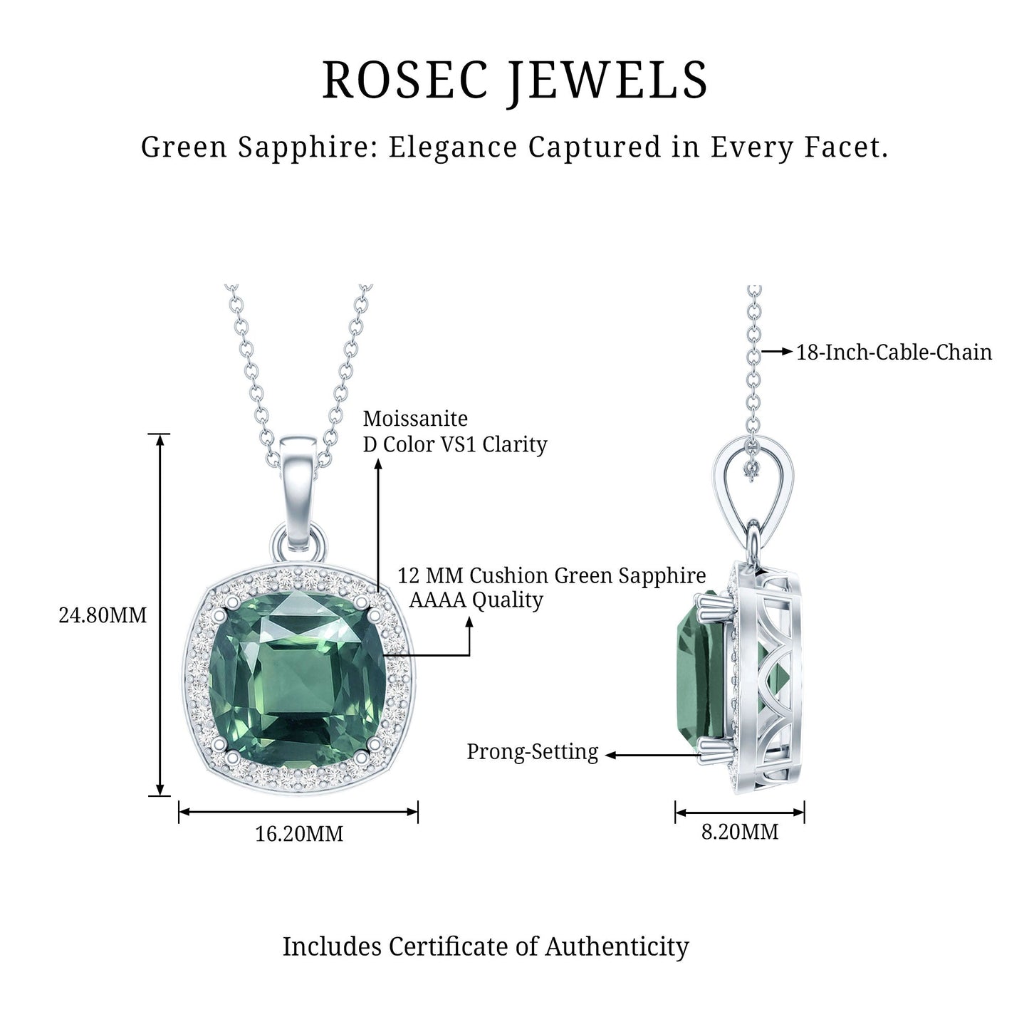 9 Carat Cushion Cut Lab Grown Green Sapphire Statement Necklace With Silver Chain