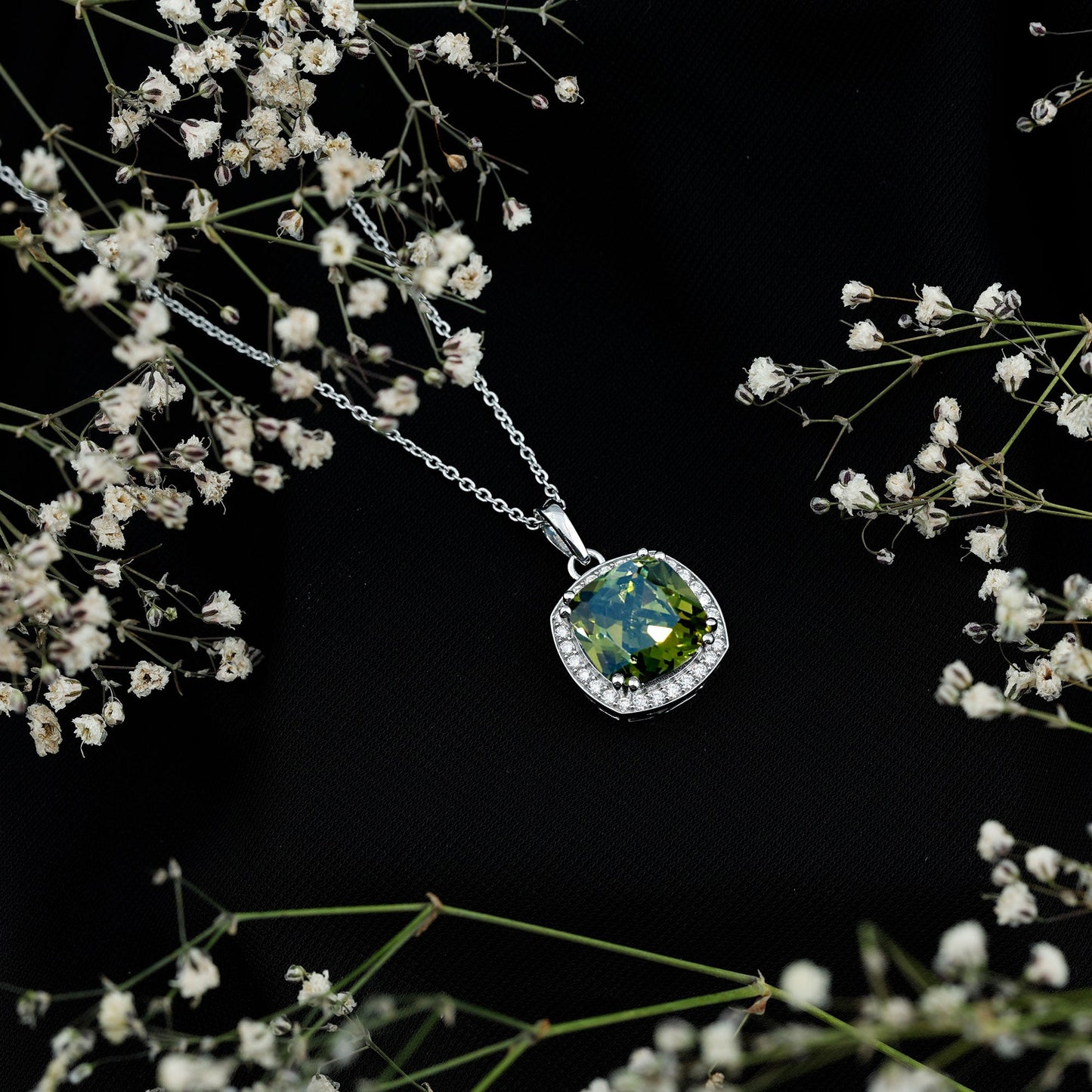 9 Carat Cushion Cut Lab Grown Green Sapphire Statement Necklace With Silver Chain