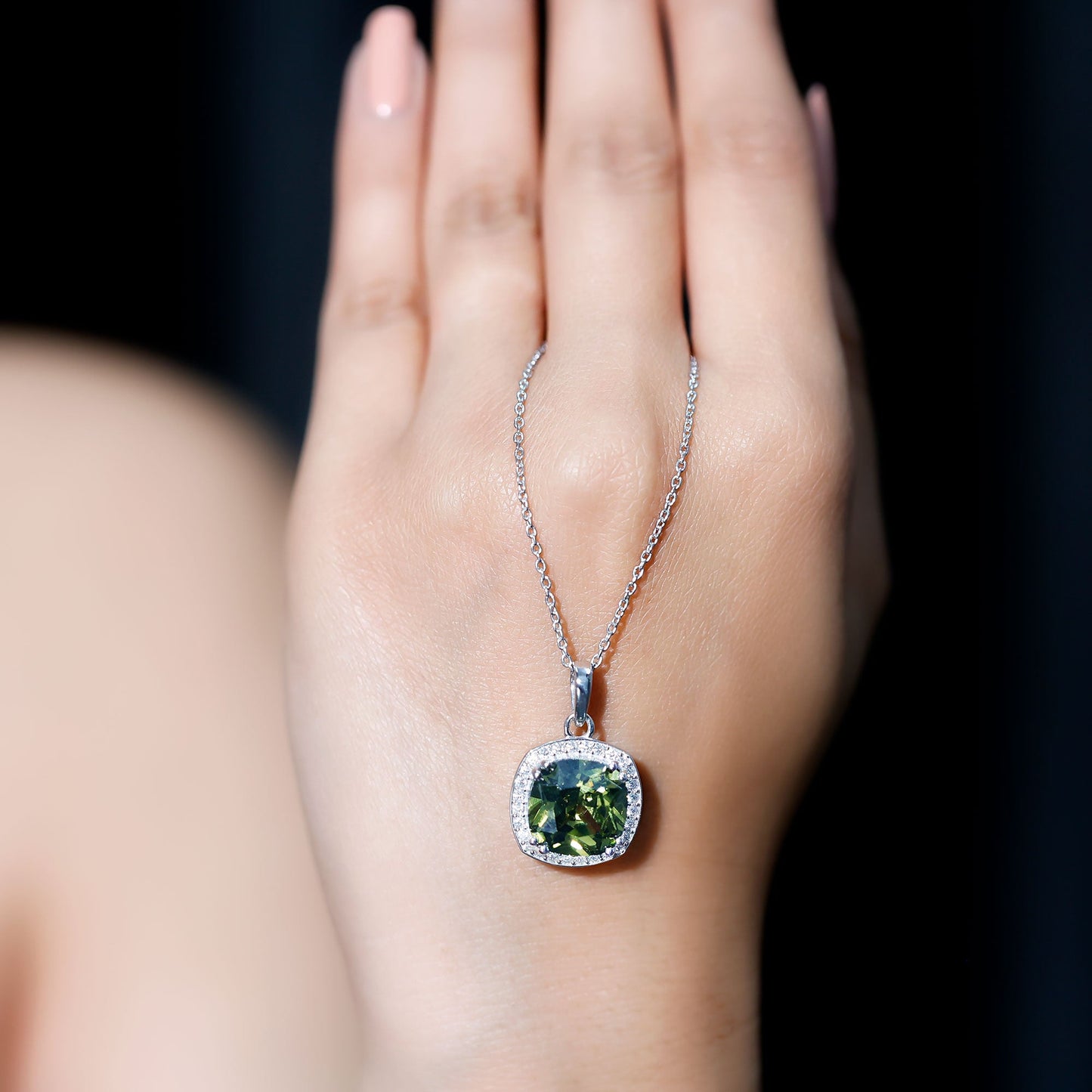 9 Carat Cushion Cut Lab Grown Green Sapphire Statement Necklace With Silver Chain