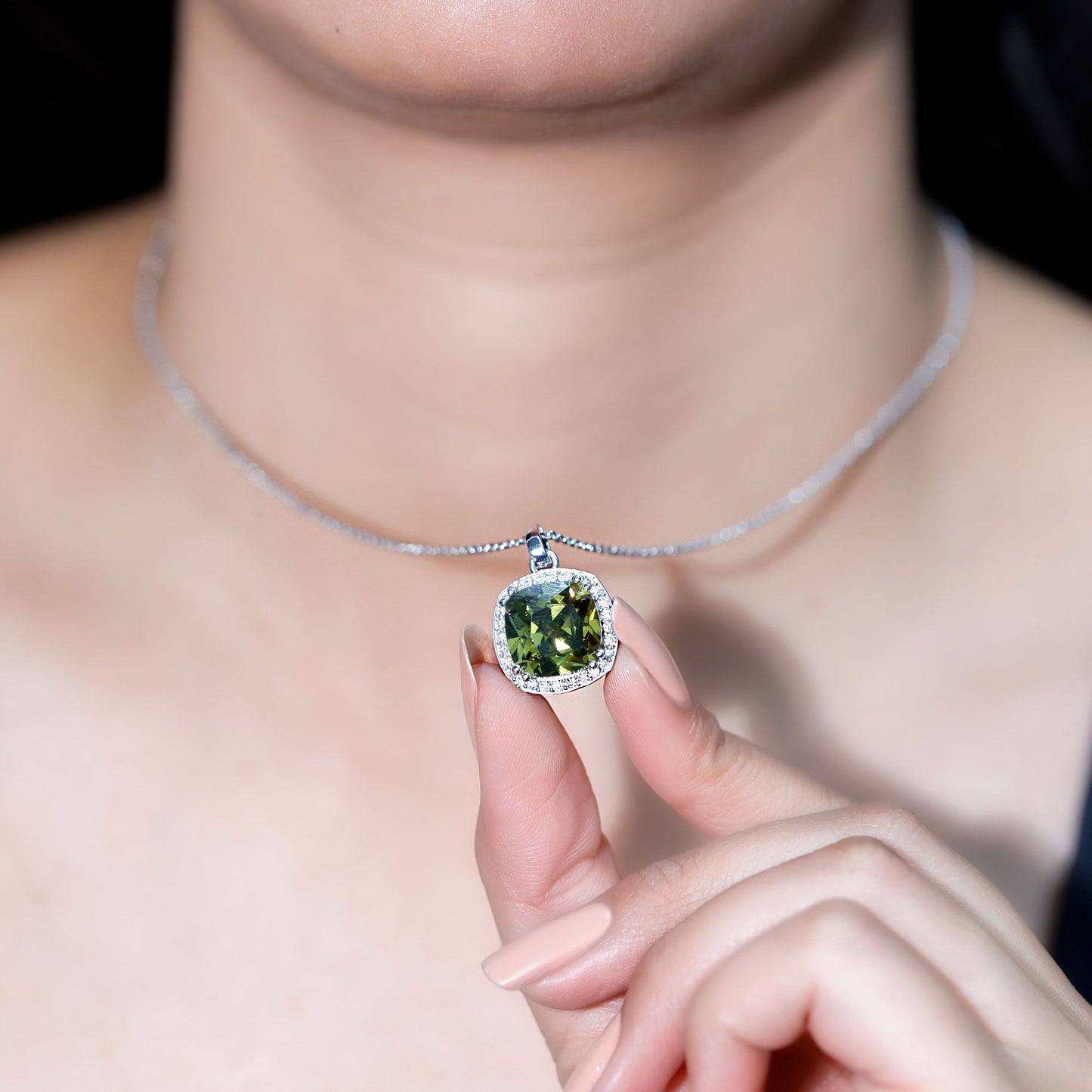 9 Carat Cushion Cut Lab Grown Green Sapphire Statement Necklace With Silver Chain