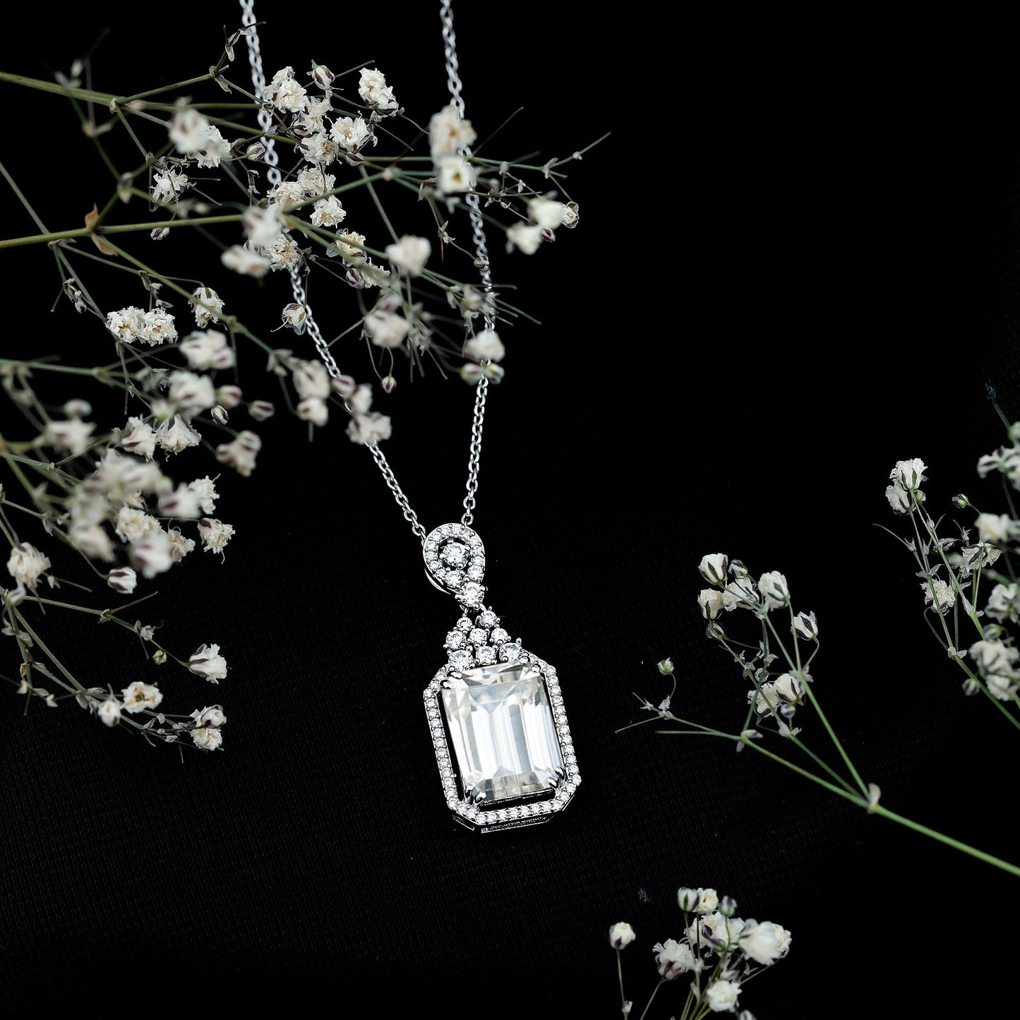 4.5 Carat Emerald Cut Moissanite Wedding Necklace with Silver Chain