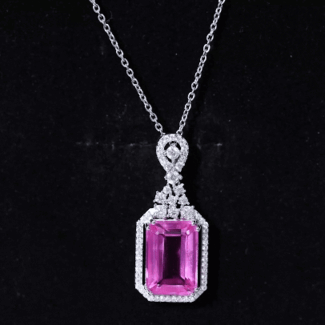 9 Carat Lab Grown Pink Sapphire Art Deco Necklace With Silver Chain