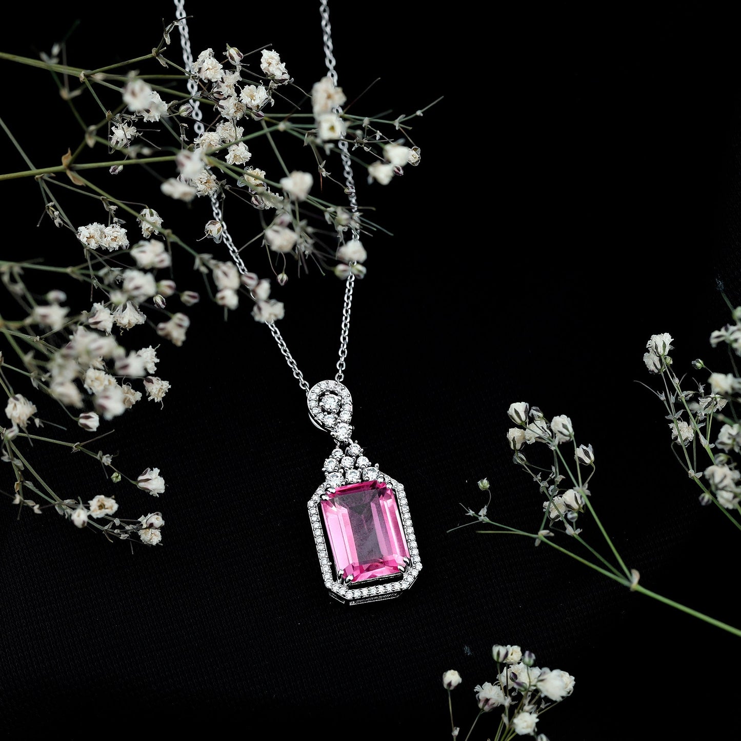 9 Carat Lab Grown Pink Sapphire Art Deco Necklace With Silver Chain