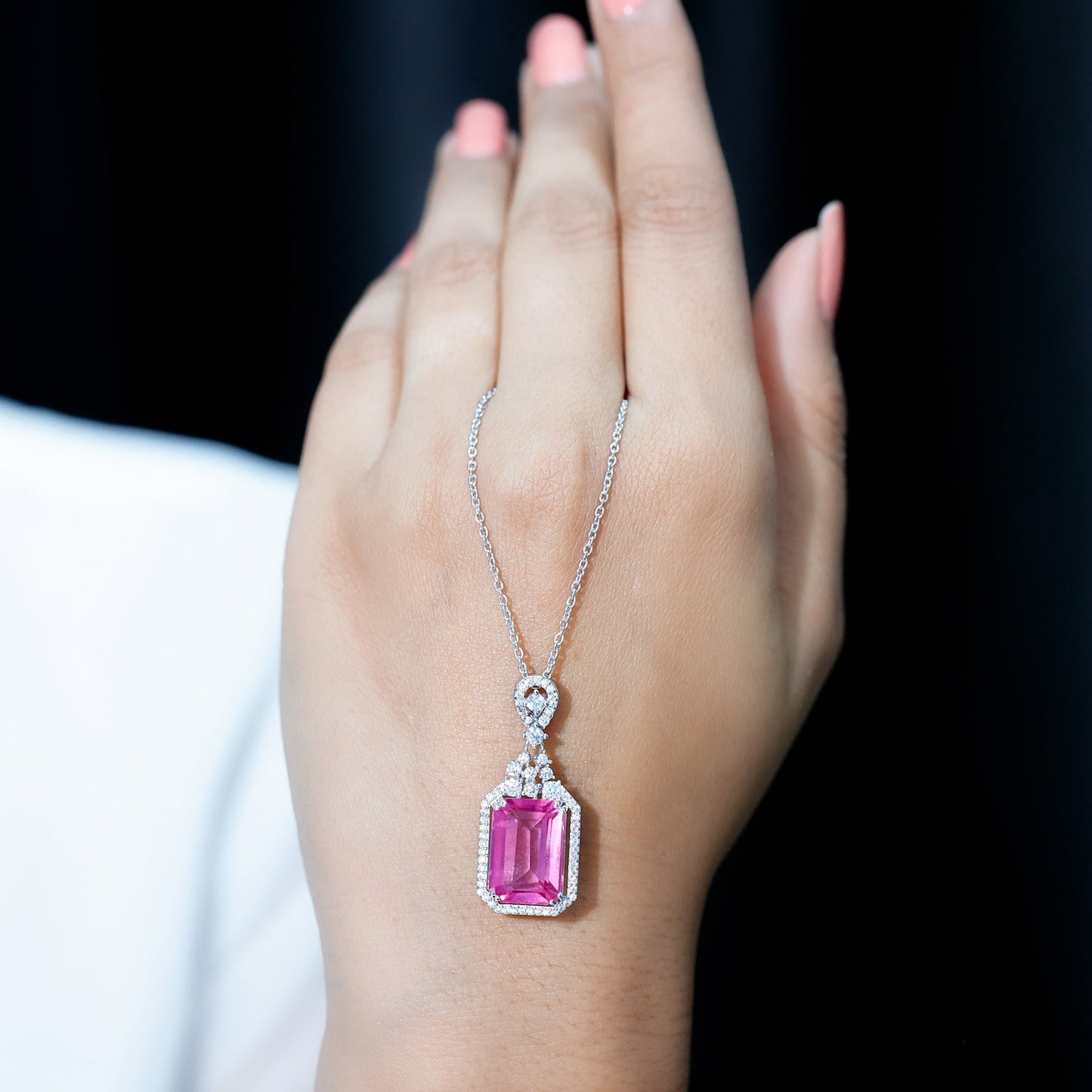9 Carat Lab Grown Pink Sapphire Art Deco Necklace With Silver Chain