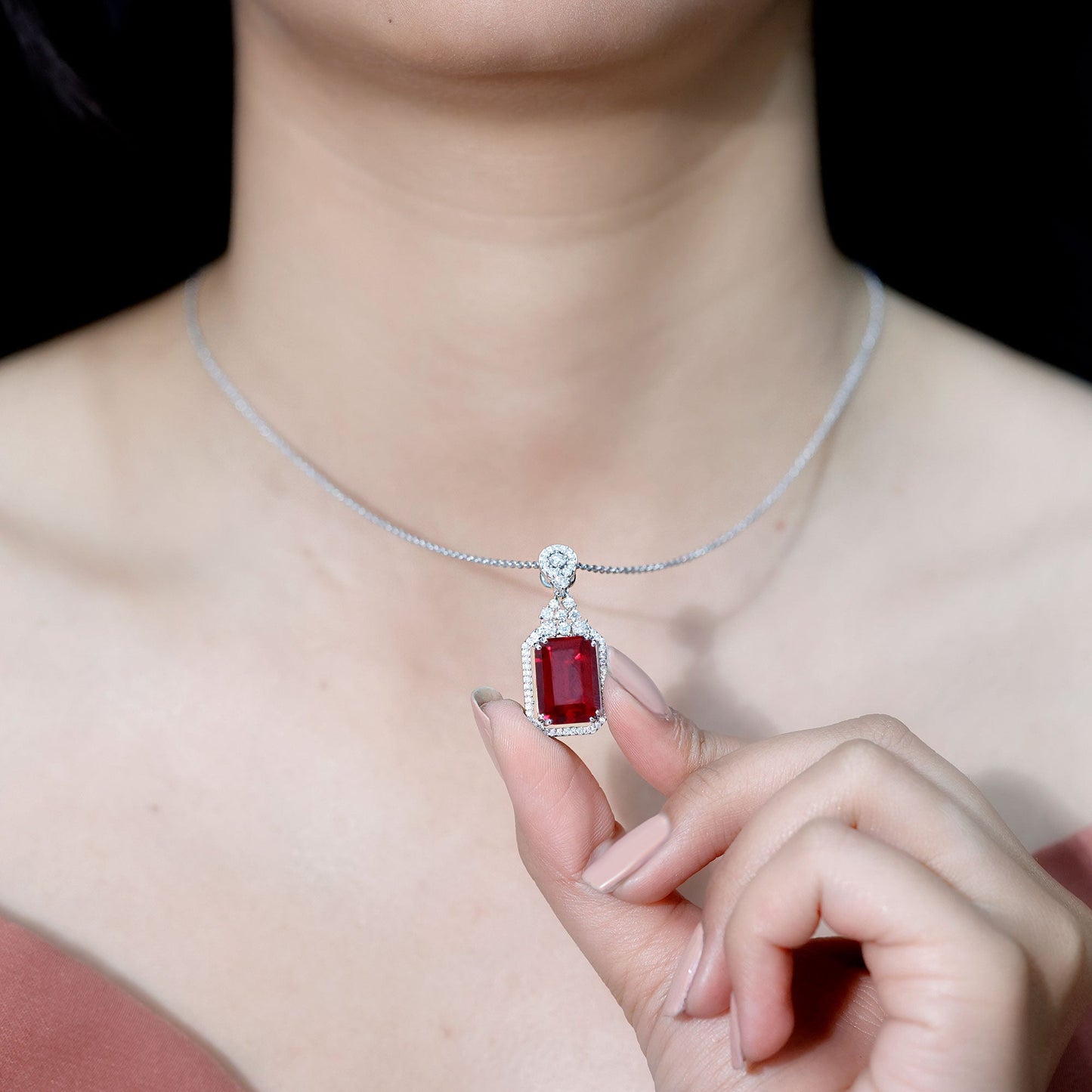 Certified 5 Carat Lab Grown Ruby Vintage Necklace With Silver Chain