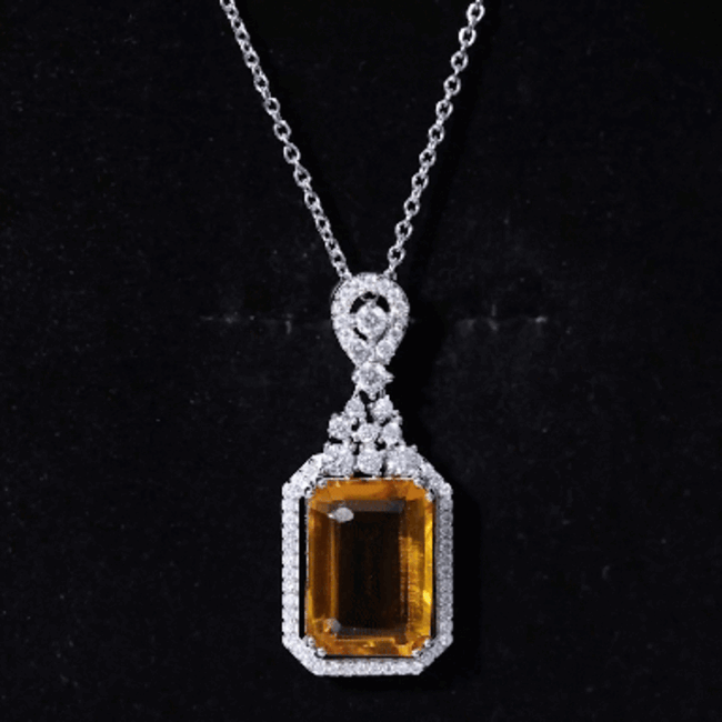 Certified 9 Carat Lab Grown Yellow Sapphire Art Deco Necklace with Moissanite