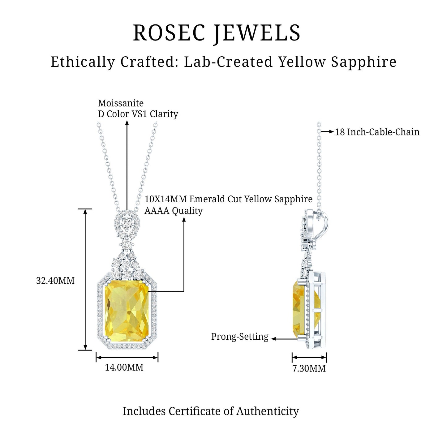 Certified 9 Carat Lab Grown Yellow Sapphire Art Deco Necklace with Moissanite