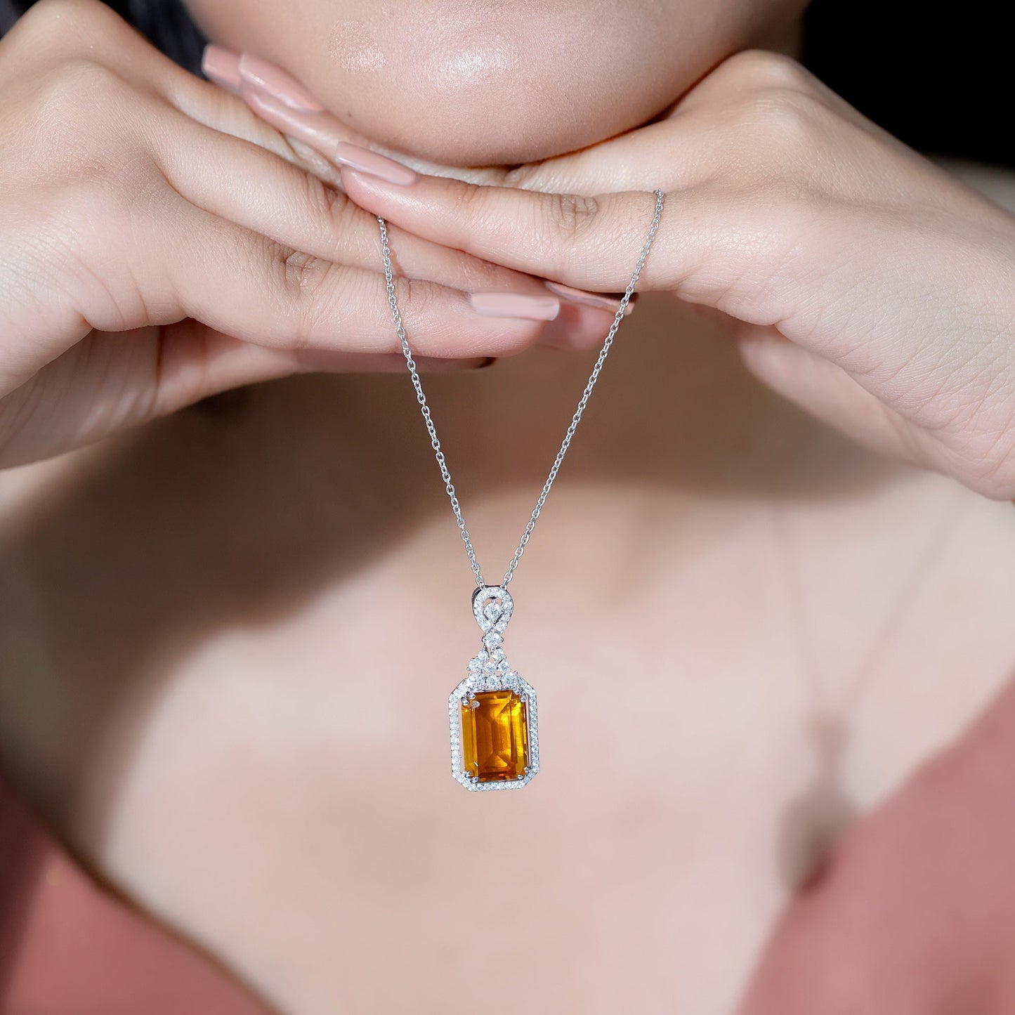 Certified 9 Carat Lab Grown Yellow Sapphire Art Deco Necklace with Moissanite