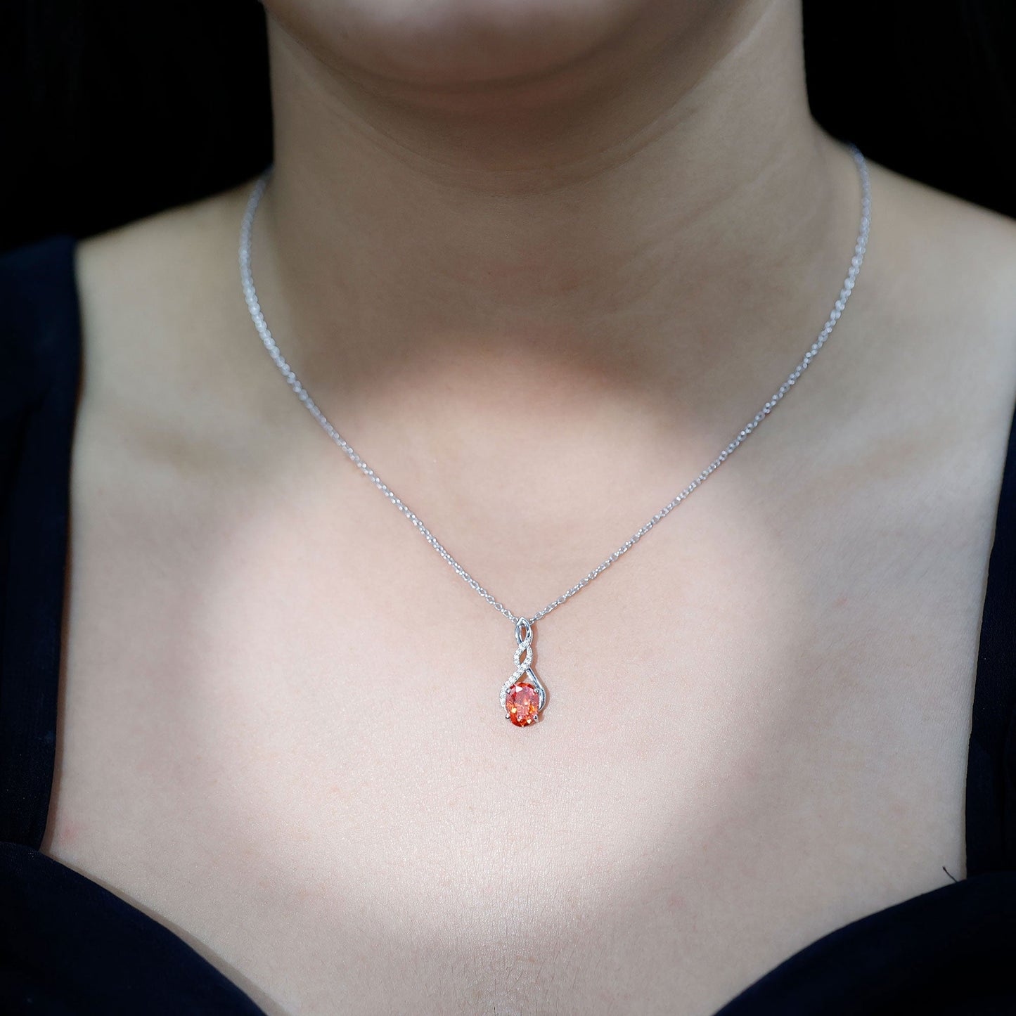 1.5 Carat Lab Grown Orange Sapphire Infinity Pendant Necklace with Moissanite
