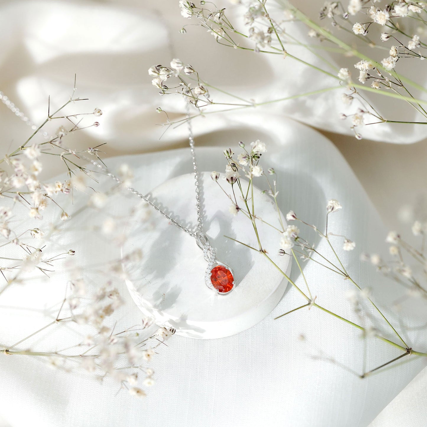1.5 Carat Lab Grown Orange Sapphire Infinity Pendant Necklace with Moissanite