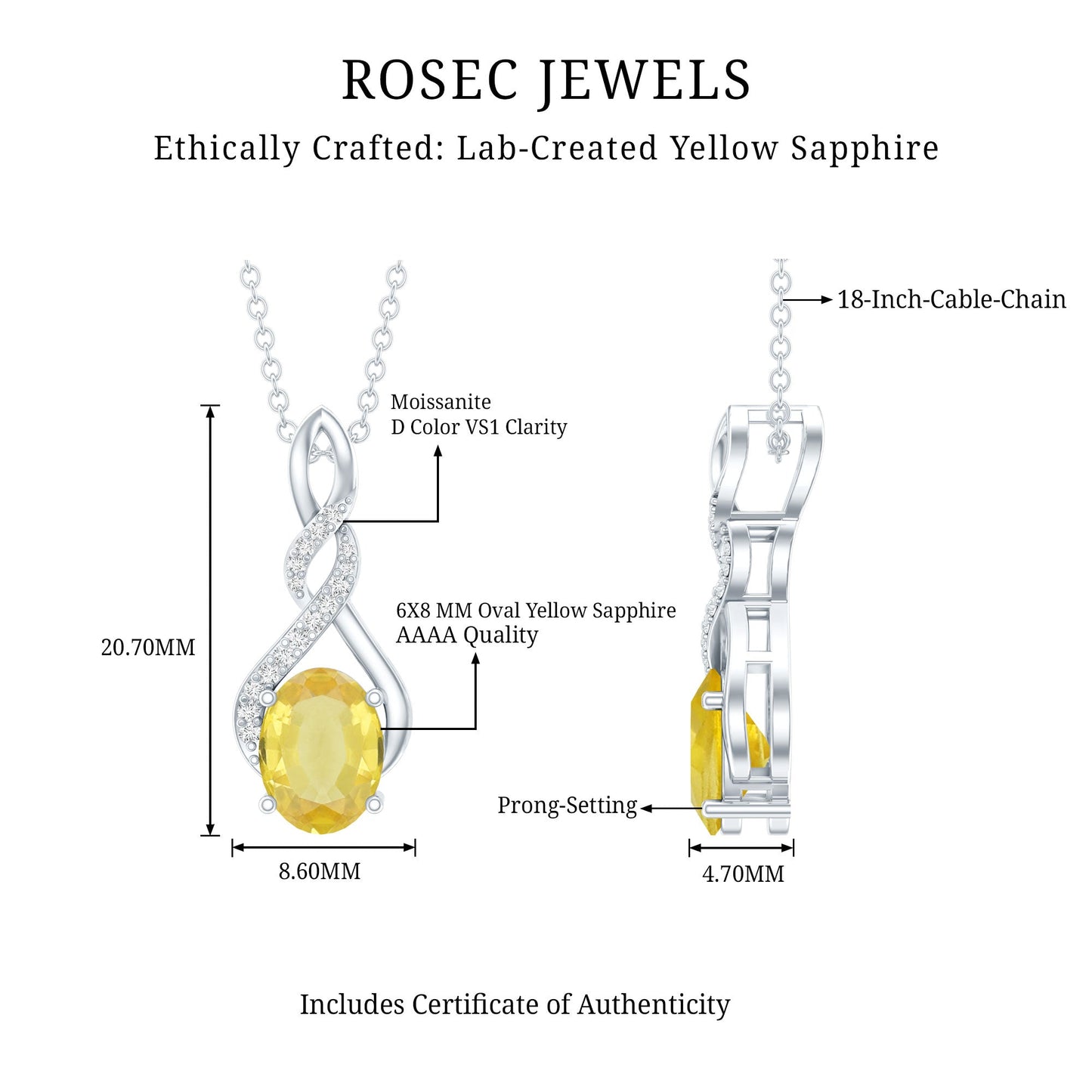 1.5 Carat Lab Grown Yellow Sapphire Silver Infinity Necklace With Silver Chain