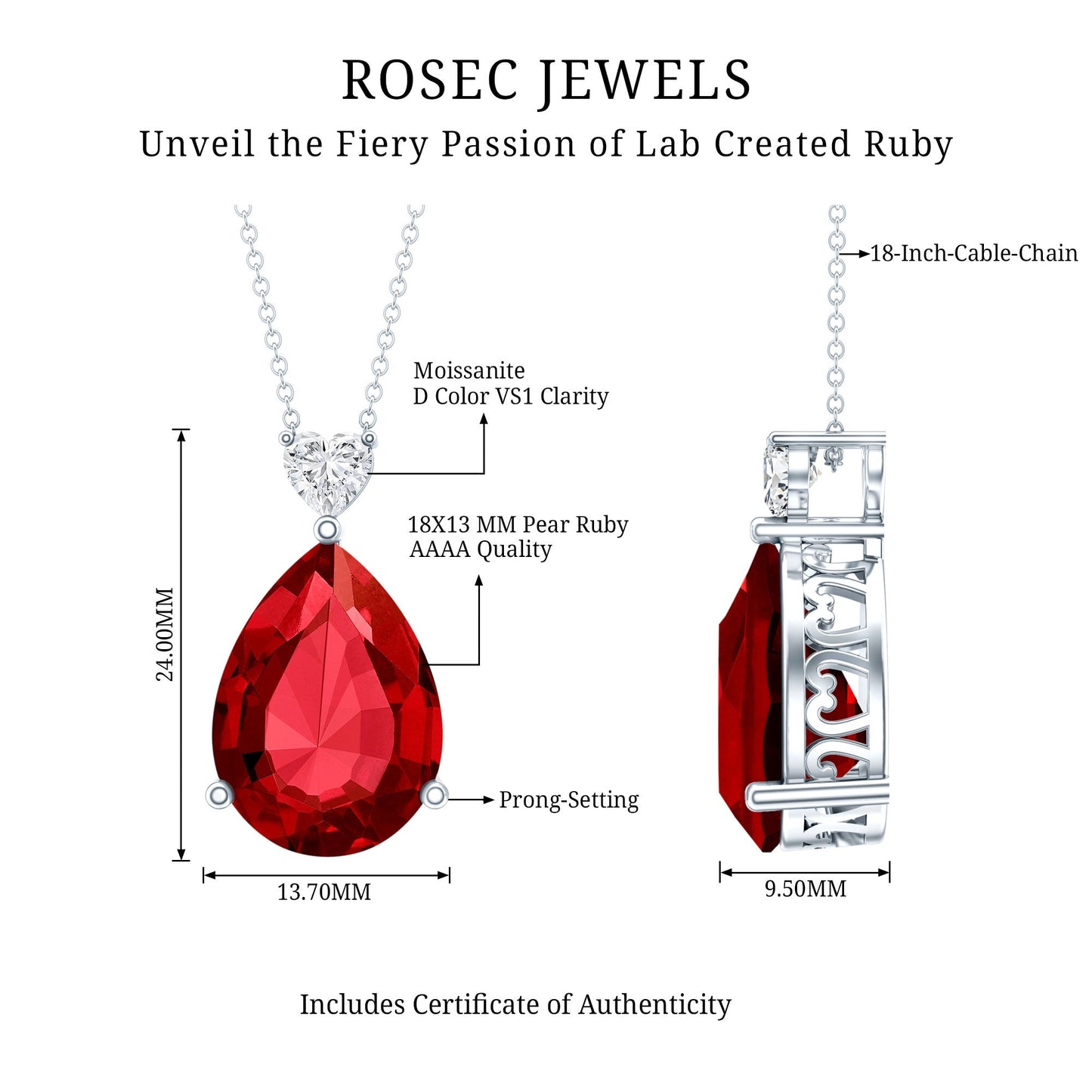 Certified 9 Carat Lab Grown Ruby Teardrop Necklace with Heart Moissanite