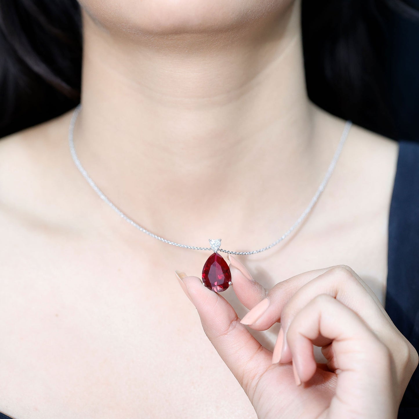 Certified 9 Carat Lab Grown Ruby Teardrop Necklace with Heart Moissanite