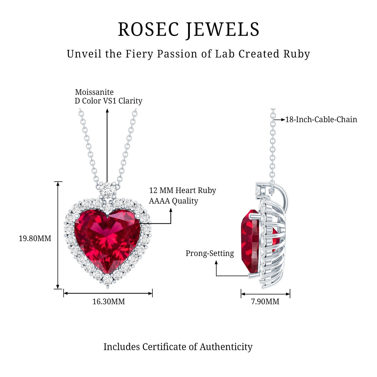 Certified Lab Grown Ruby Heart Necklace with Moissanite Halo