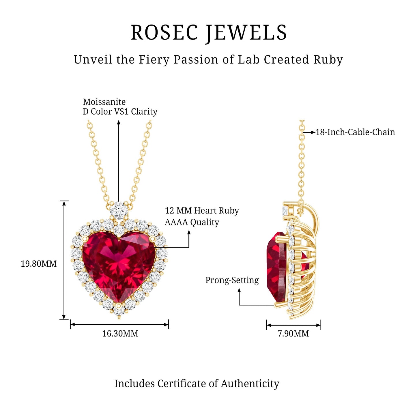 Certified Lab Grown Ruby Heart Necklace with Moissanite Halo
