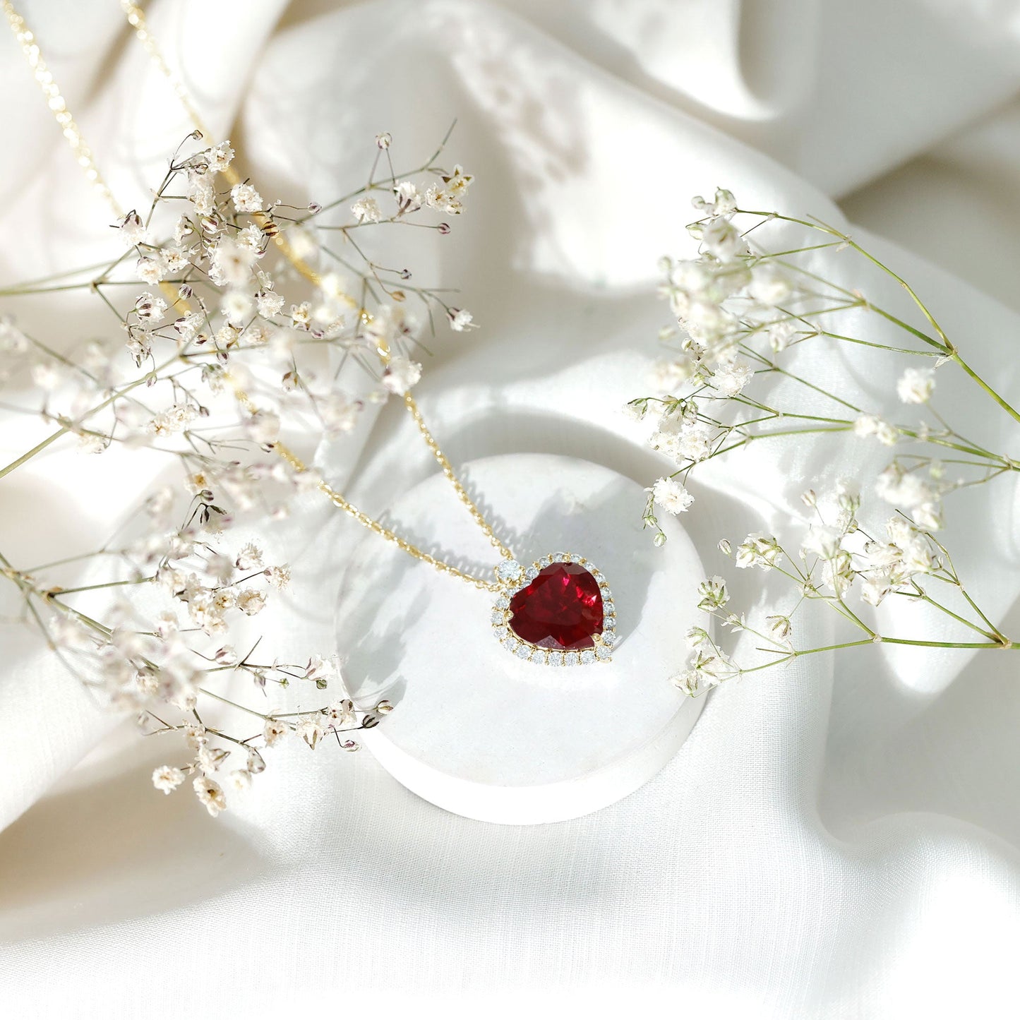Certified Lab Grown Ruby Heart Necklace with Moissanite Halo