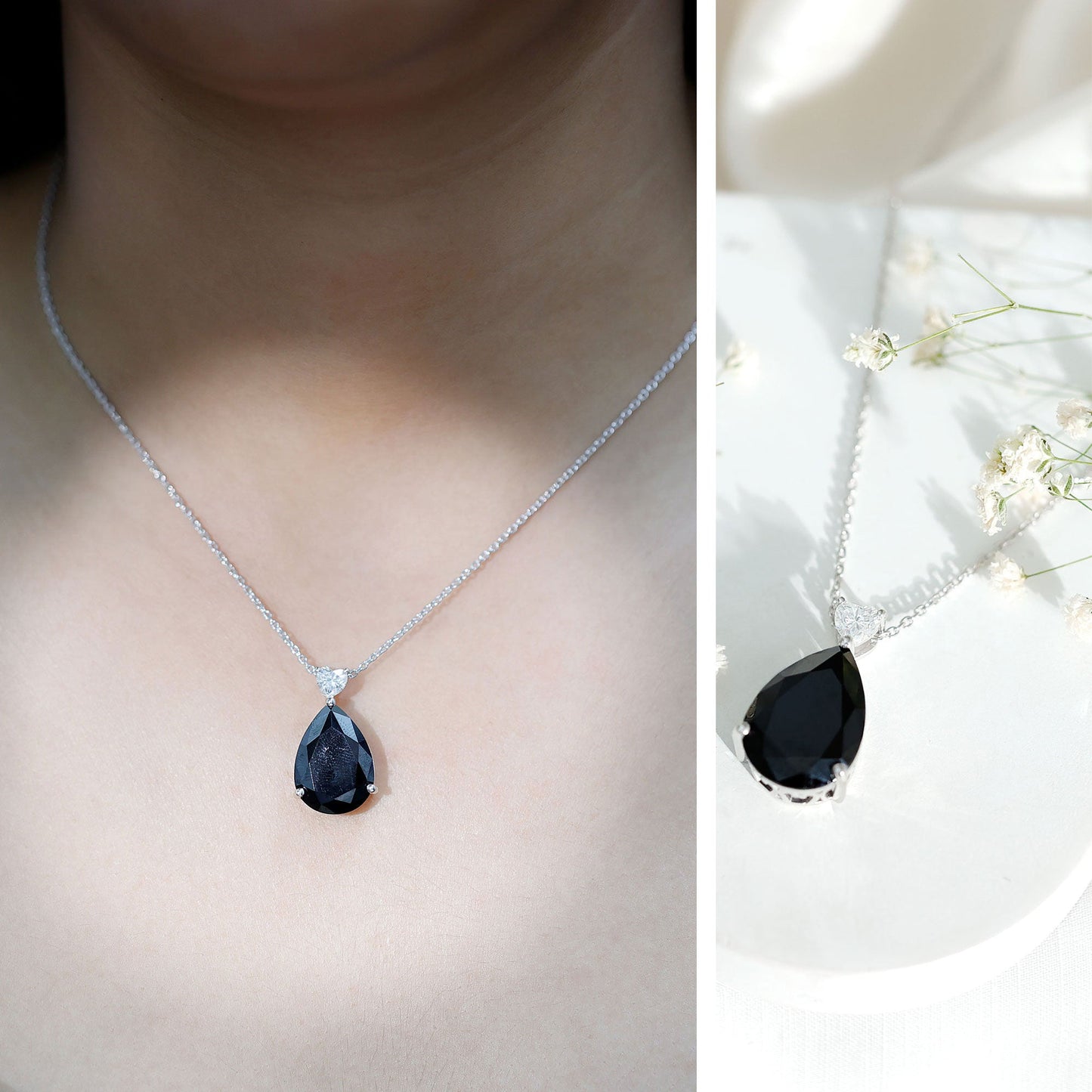 Certified 9 Carat Lab Grown Black Diamond Teardrop Necklace With Silver Chain