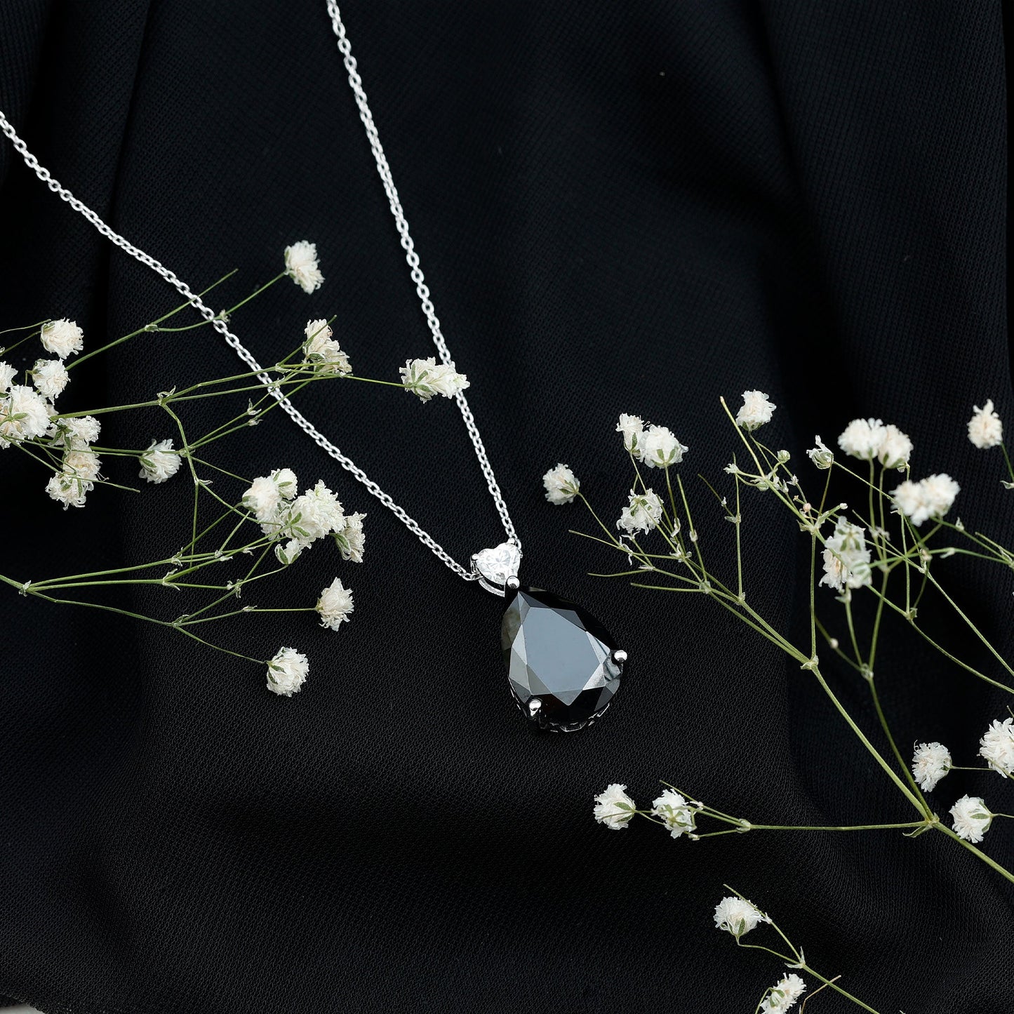 Certified 9 Carat Lab Grown Black Diamond Teardrop Necklace With Silver Chain