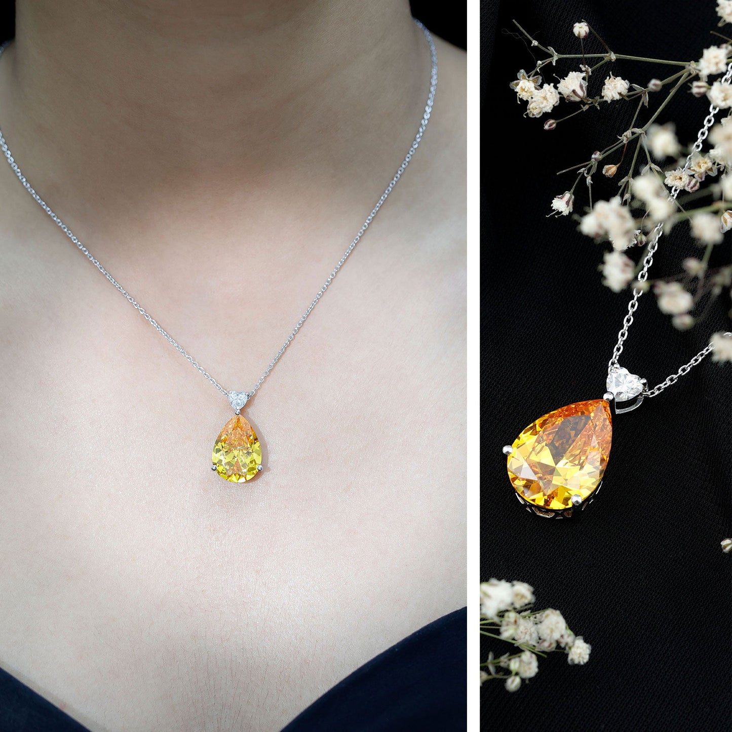 9 Carat Lab Grown Yellow Sapphire Teardrop Pendant Necklace with Silver Chain