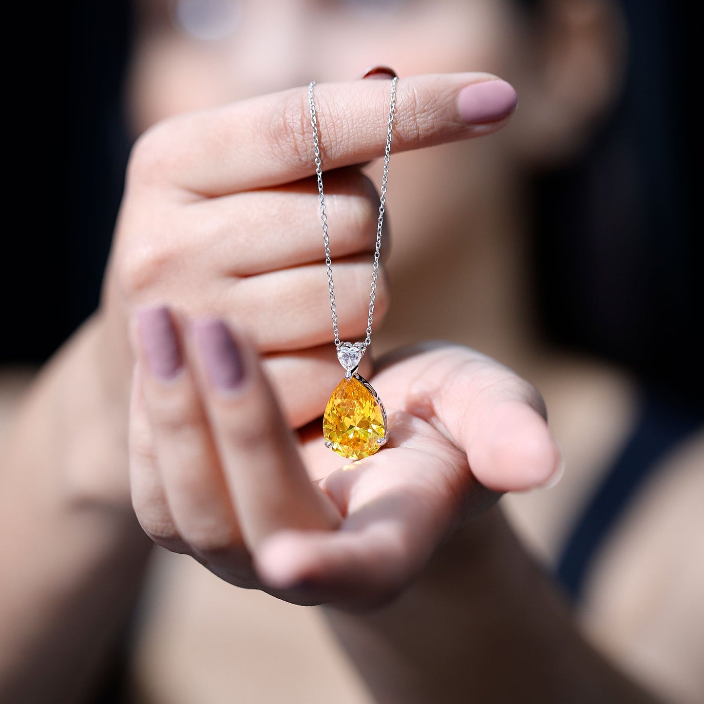 9 Carat Lab Grown Yellow Sapphire Teardrop Pendant Necklace with Silver Chain