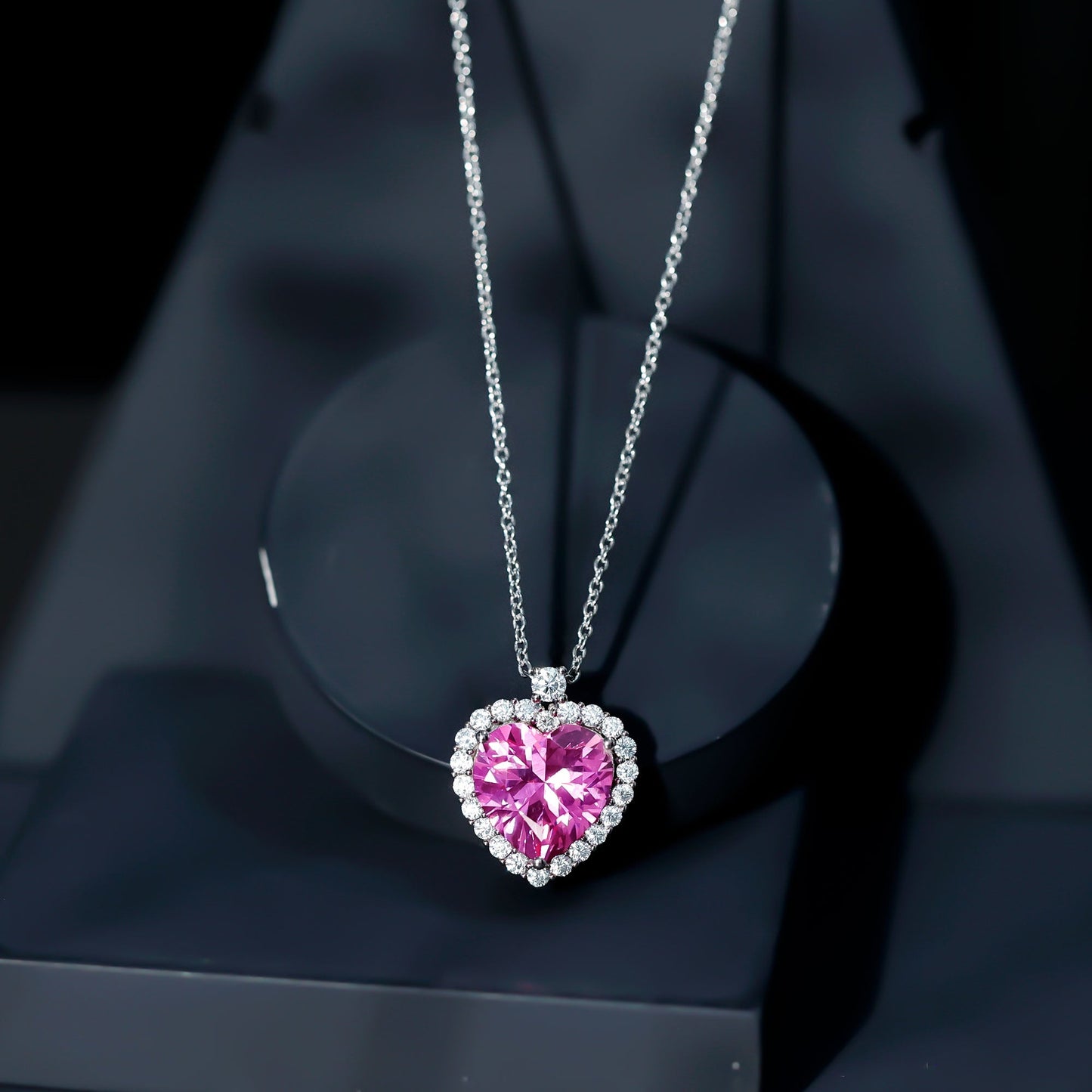 5.5 Carat Lab Grown Pink Sapphire Heart Necklace with Halo