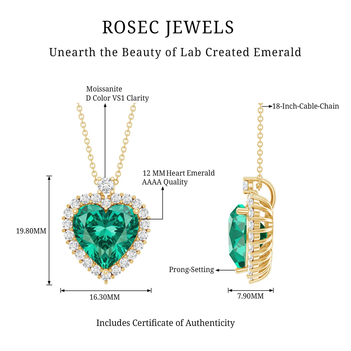 Lab Created 5.6 Carat Emerald Moissanite Heart Pendant Necklace