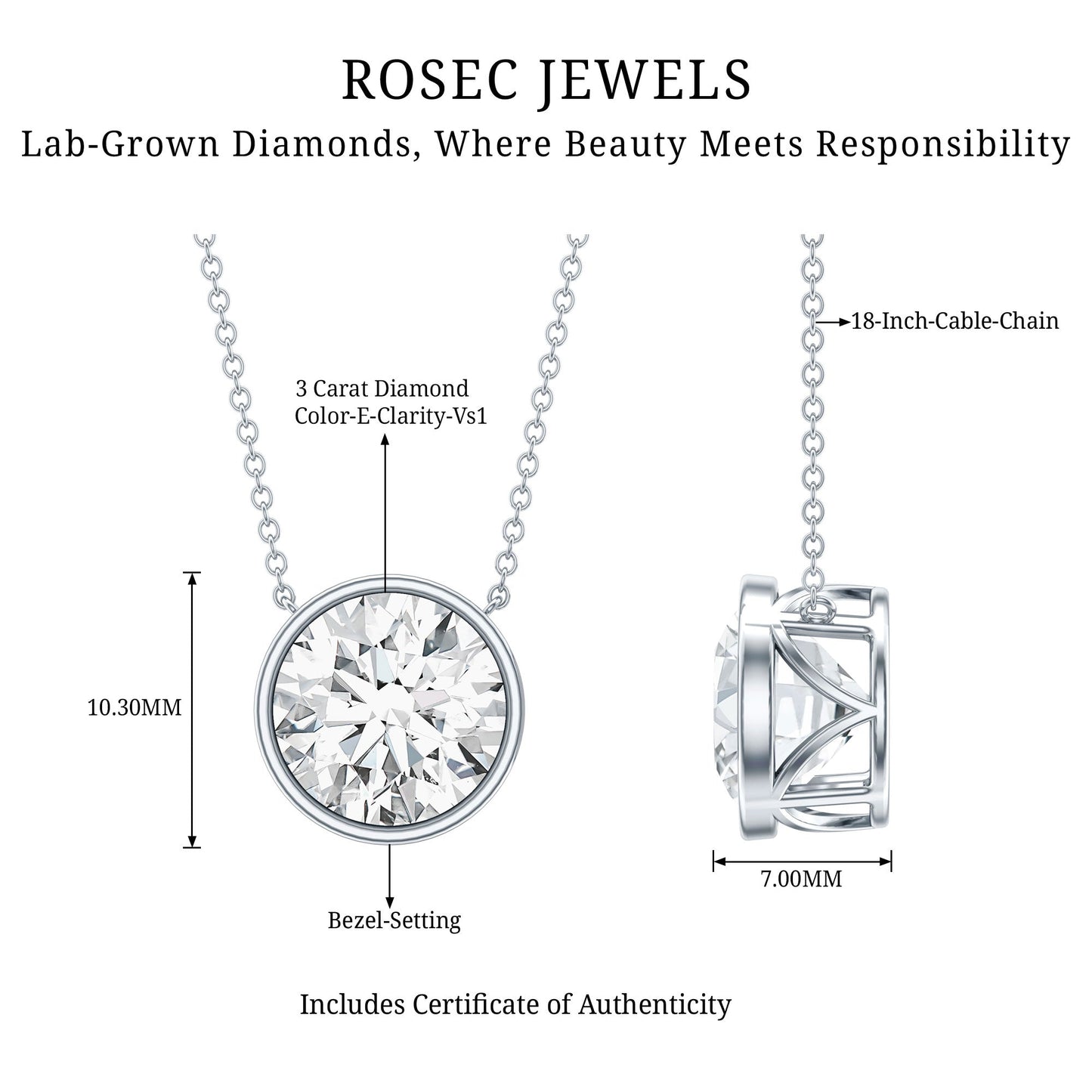 IGI Certified 3 Carat Lab Grown Diamond Solitaire Necklace for Women