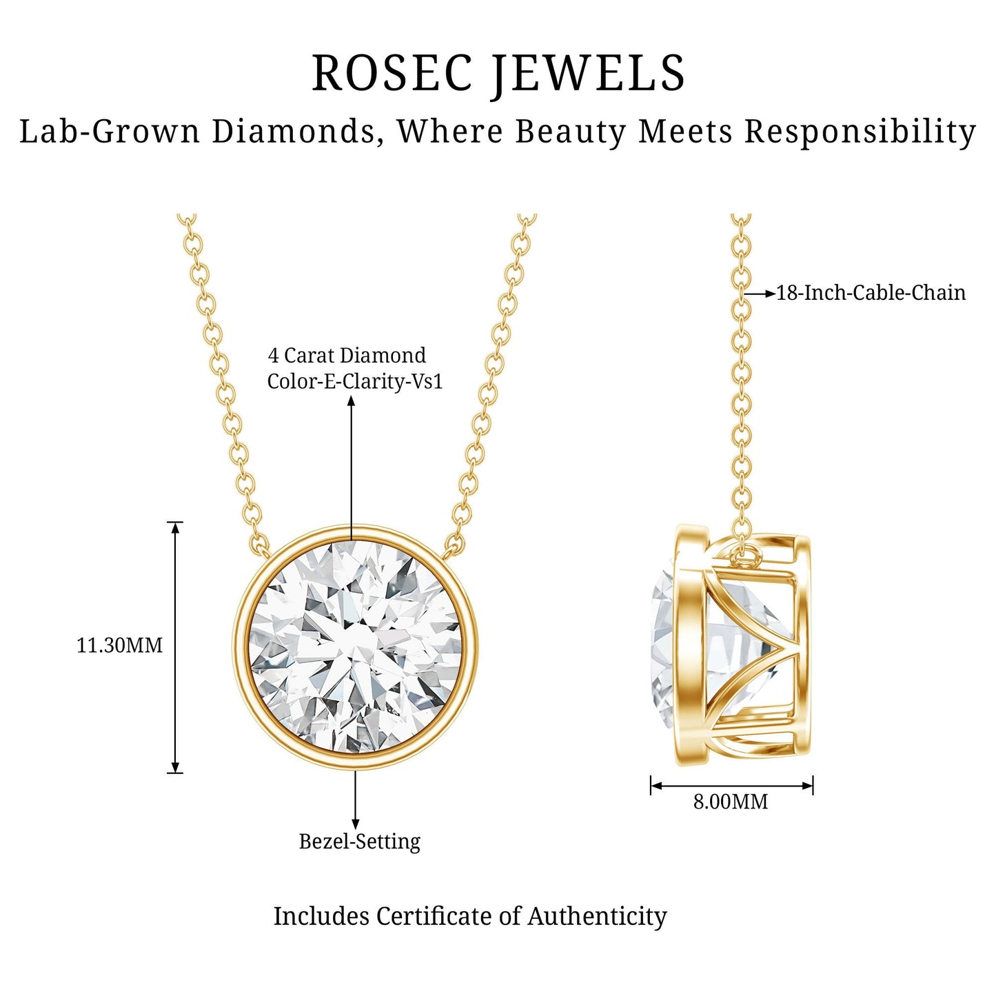 4 Carat Bezel Set Lab Grown Diamond Necklace with IGI Certificate