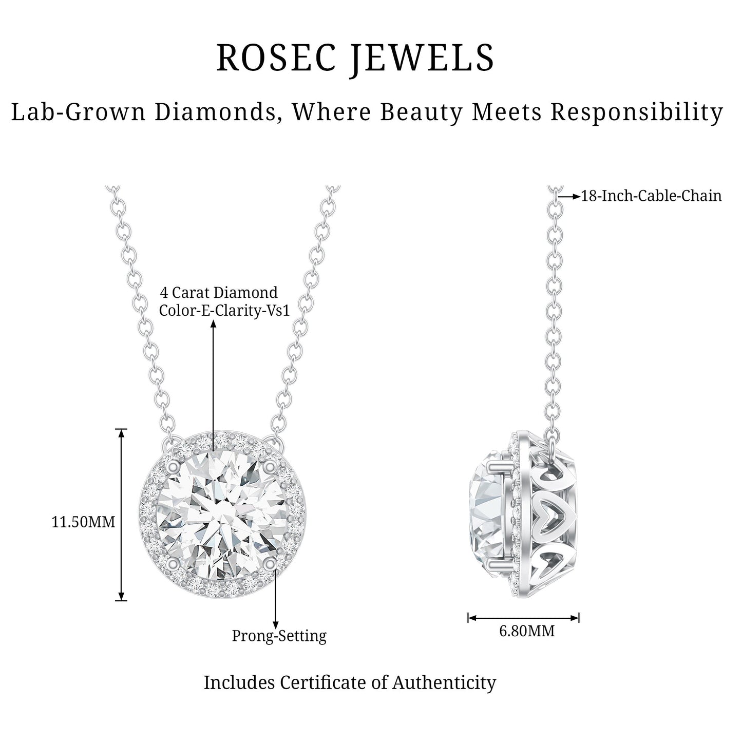 IGI Certified 4 Carat Round Lab Grown Diamond Statement Necklace
