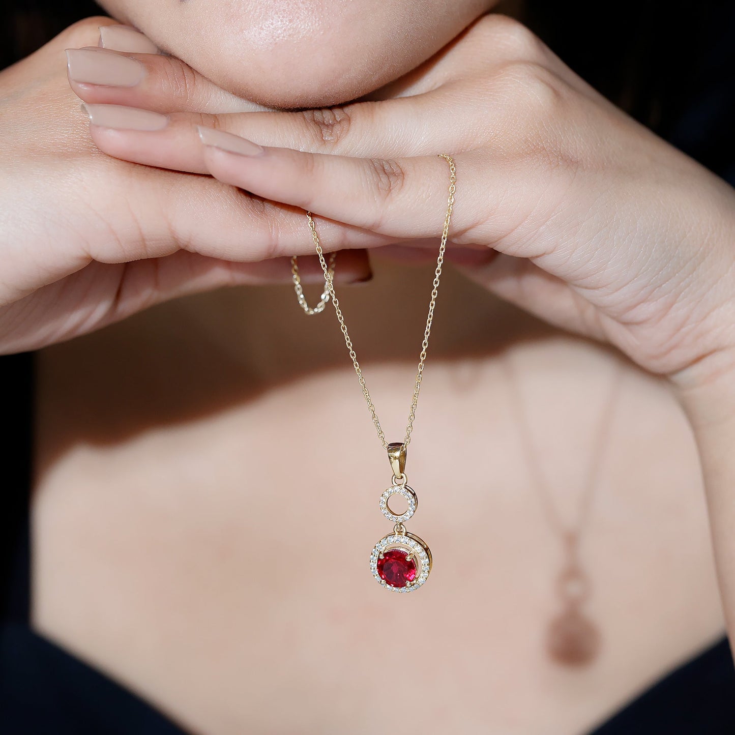 Lab Grown Ruby Dangle Necklace with Moissanite Halo