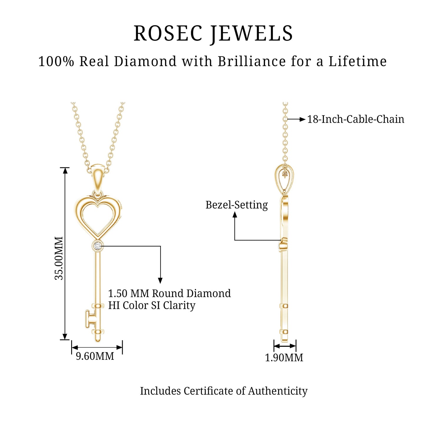 Diamond Heart Key Pendant Necklace For Women