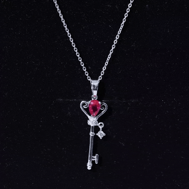 Vintage Inspired Lab Grown Ruby and Diamond Key Pendant Necklace