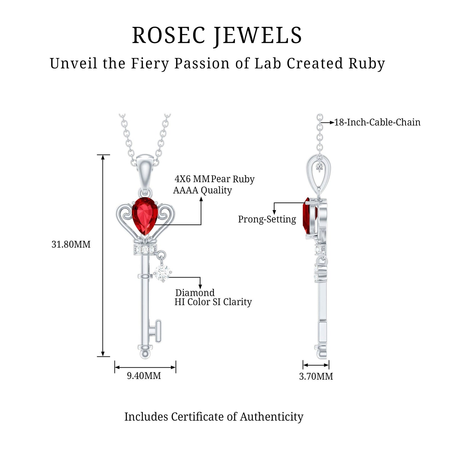 Vintage Inspired Lab Grown Ruby and Diamond Key Pendant Necklace