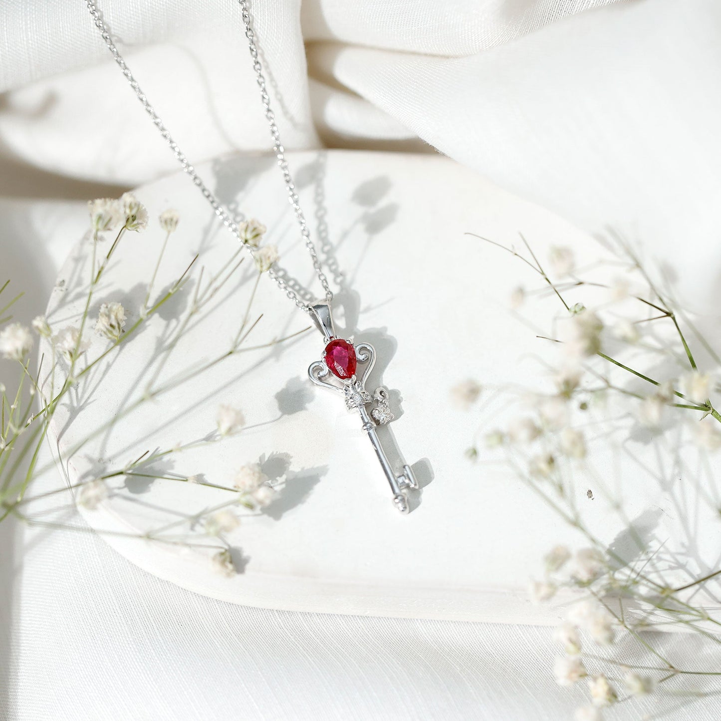 Vintage Inspired Lab Grown Ruby and Diamond Key Pendant Necklace
