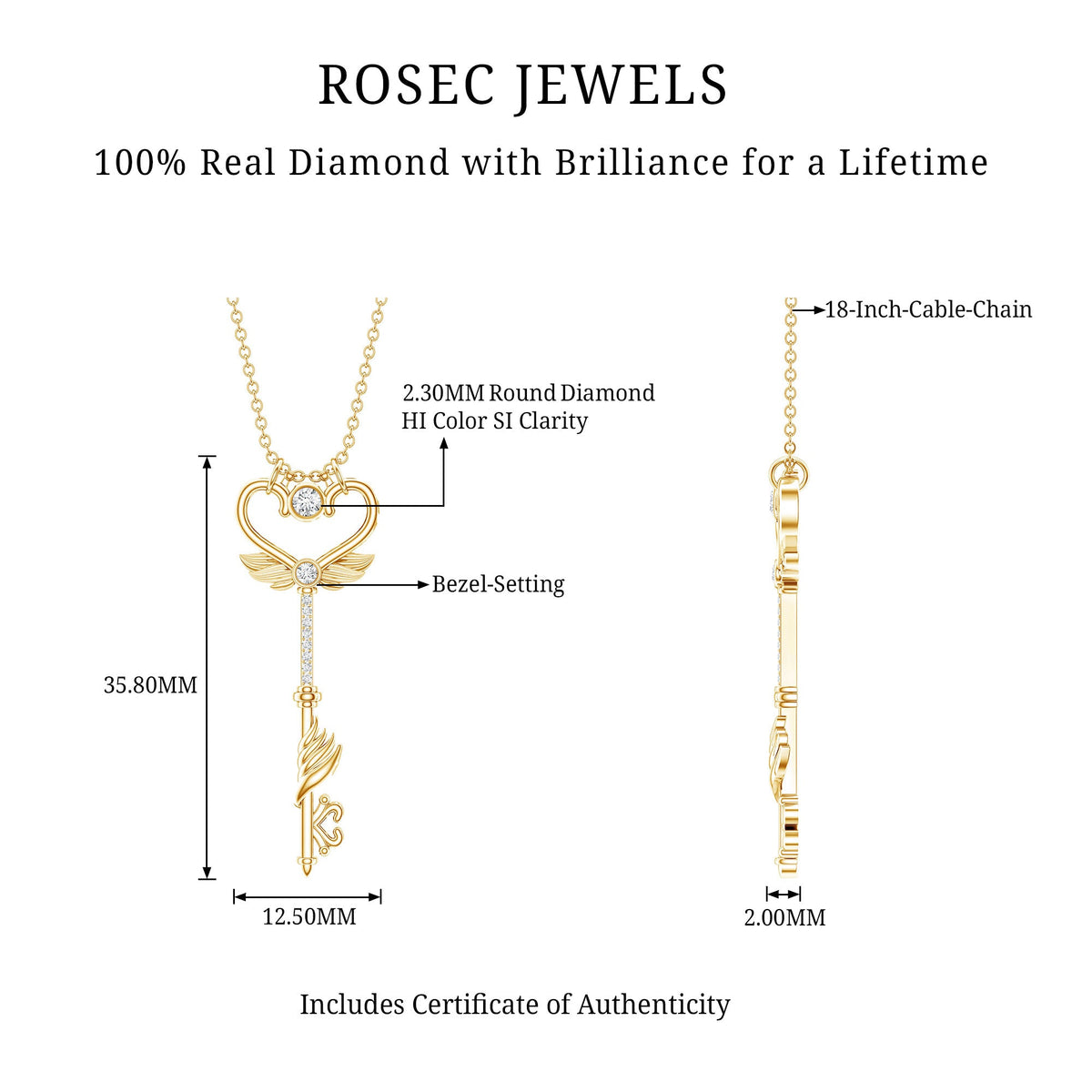 Diamond Key Necklace with Angel Wings