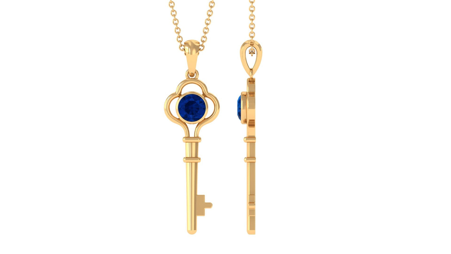 Natural 0.9 Carat Blue Sapphire Key Pendant Necklace for Women