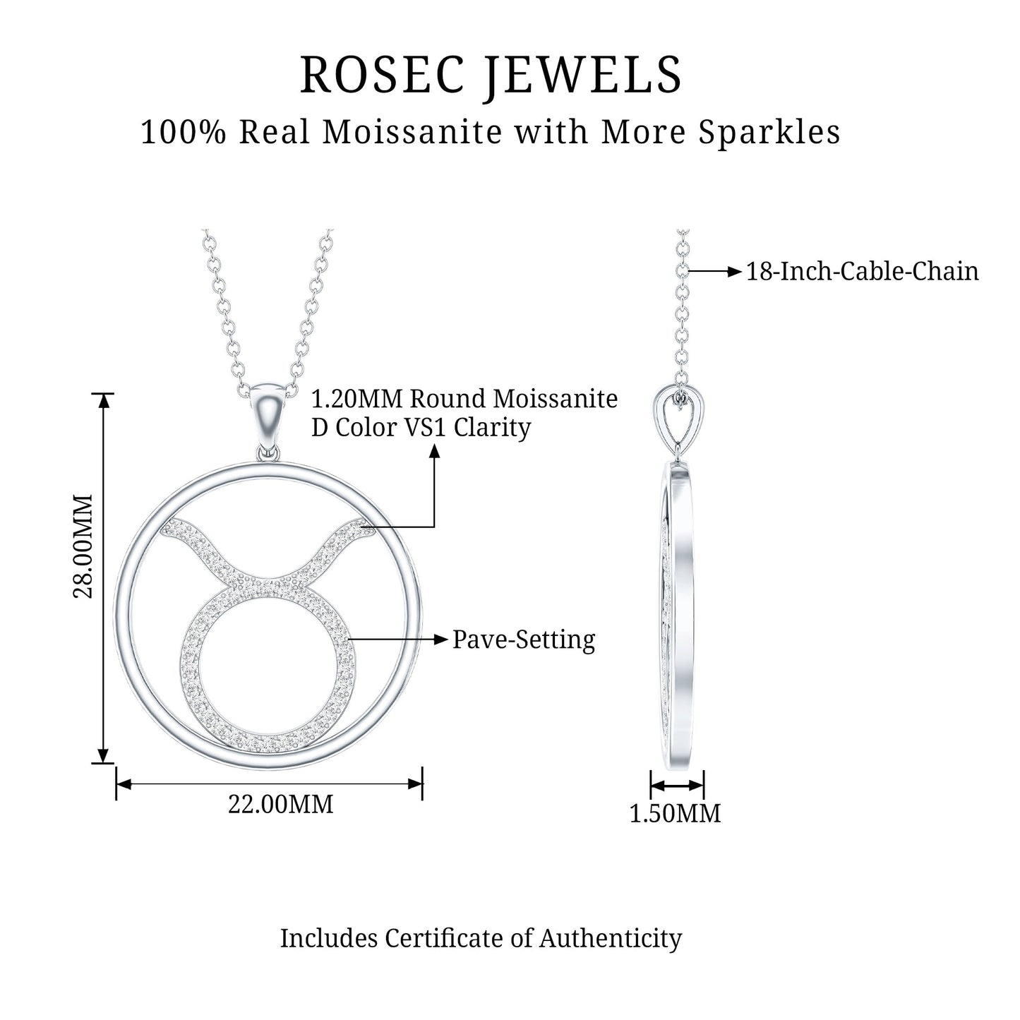 Certified Moissanite Taurus Zodiac Sign Pendant Necklace