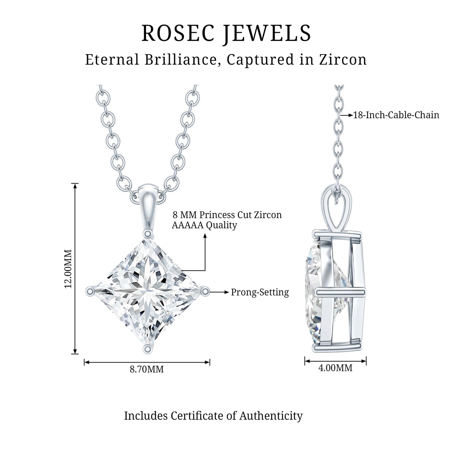 Diagonal Set 3 Carat Cubic Zirconia Princess Cut Necklace With Chain
