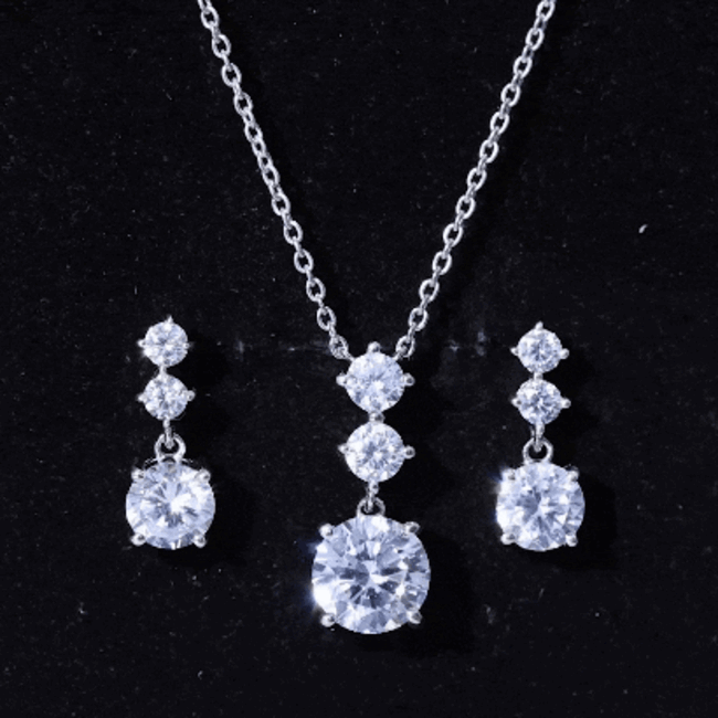 Certified Cubic Zirconia Bridal Necklace and Earrings Set in Silver