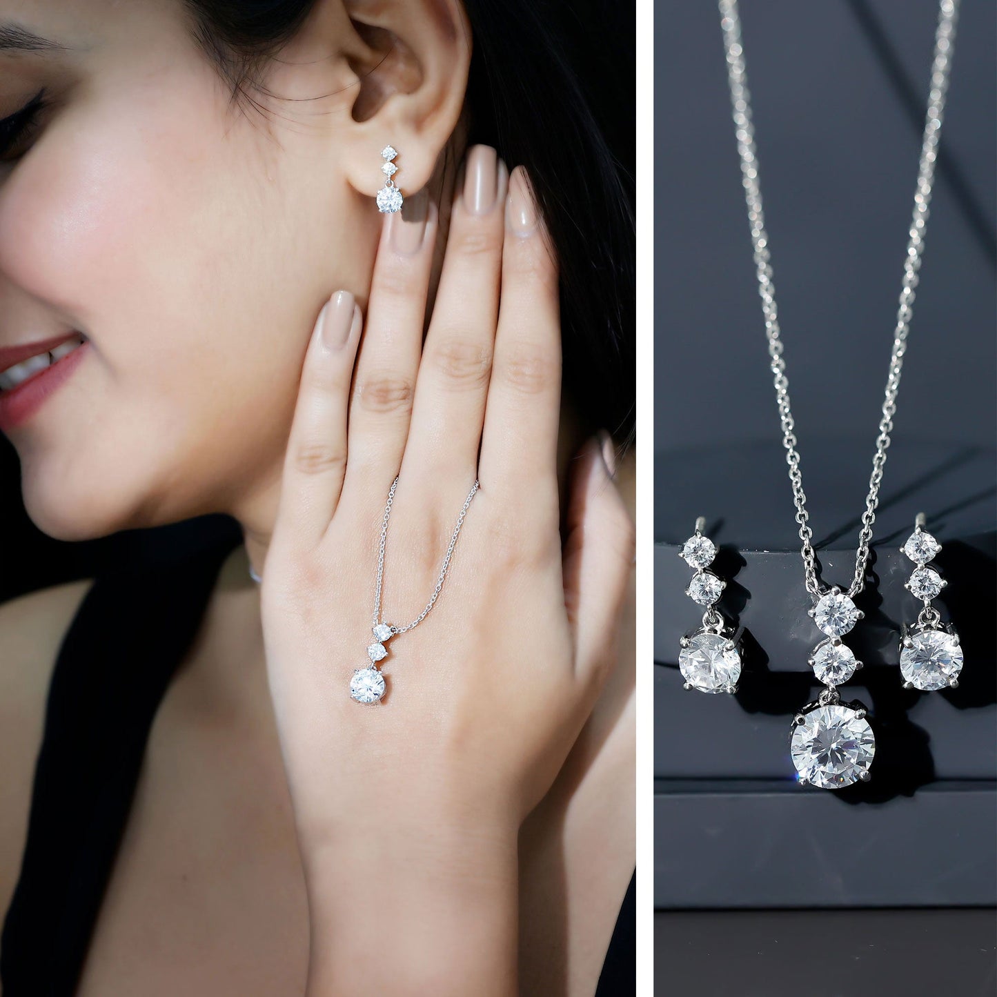 Certified Cubic Zirconia Bridal Necklace and Earrings Set in Silver