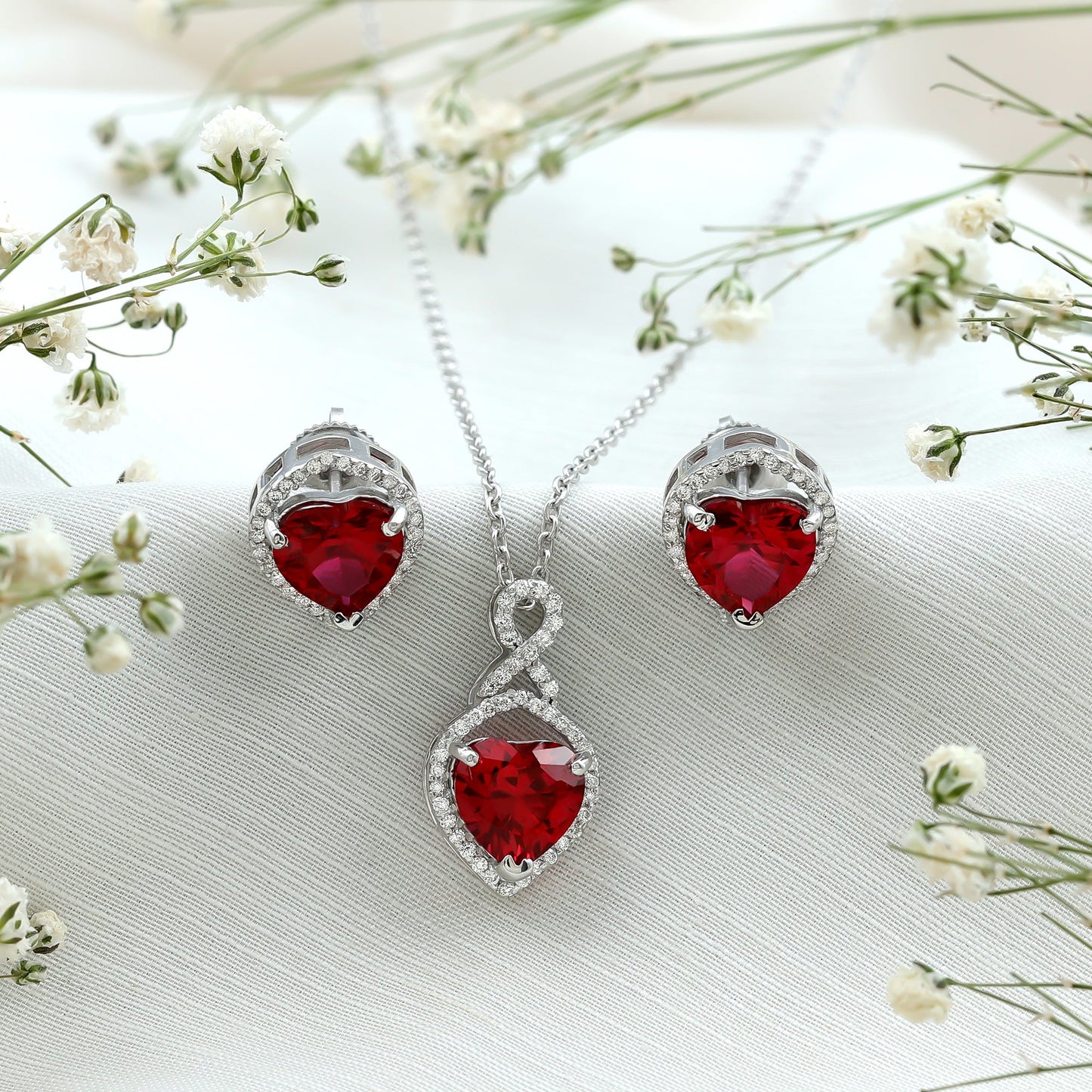 6 Carat Heart Shape Lab Created Ruby Pendant and Earrings Set