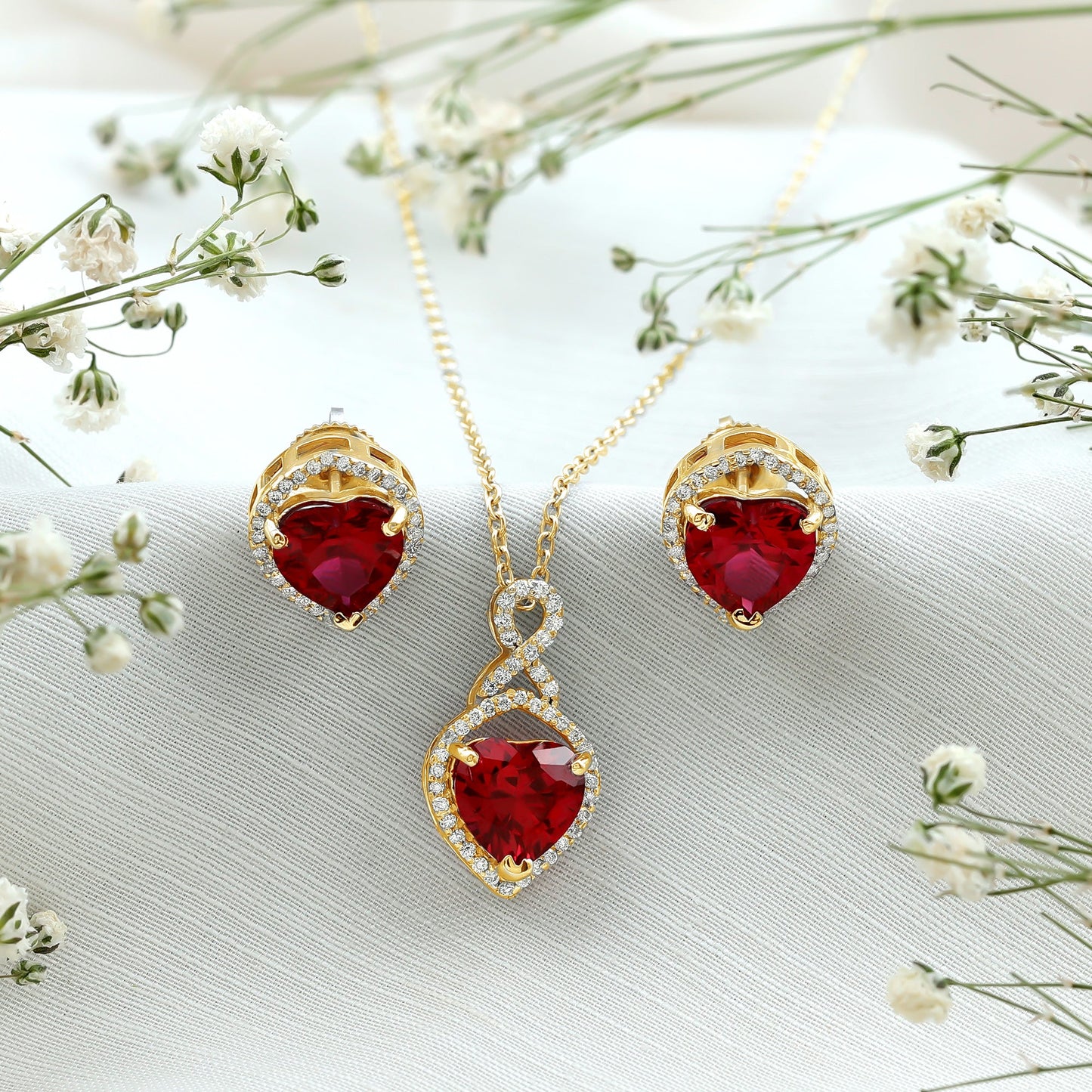 6 Carat Heart Shape Lab Created Ruby Pendant and Earrings Set