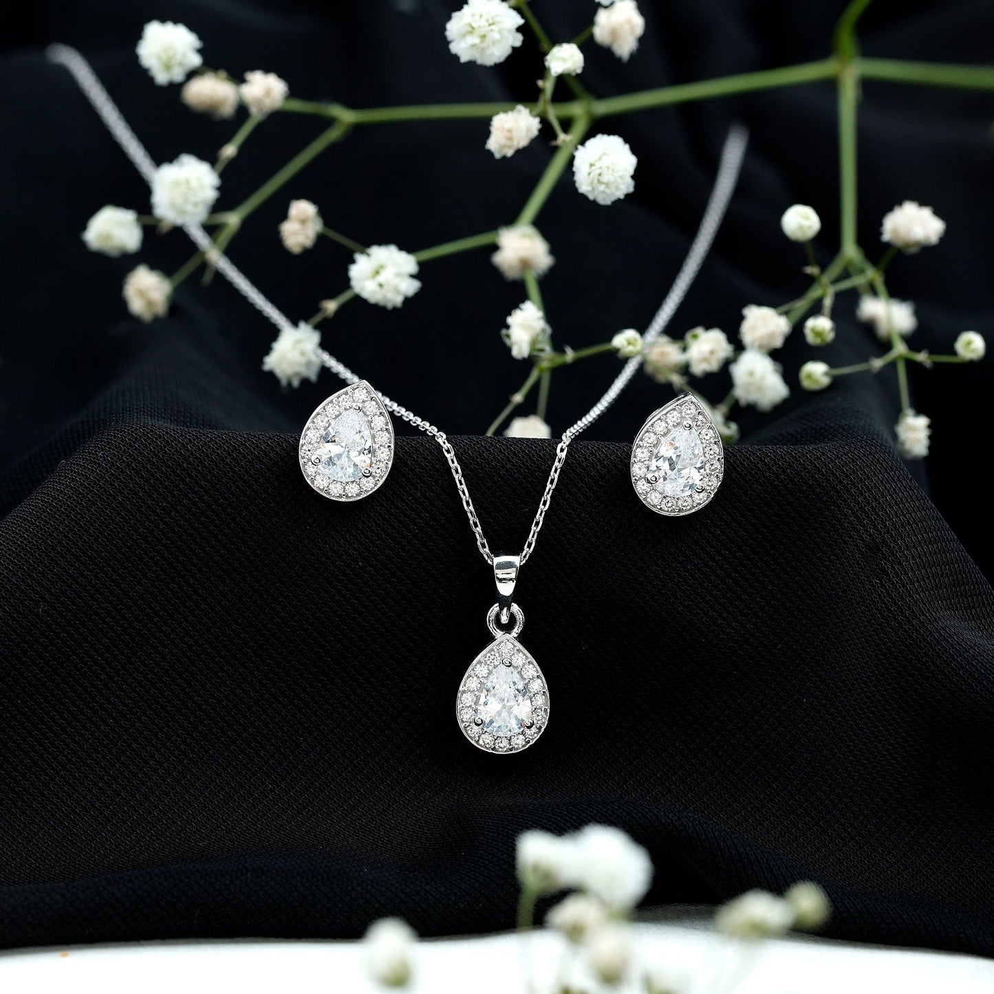 Certified CZ Diamond Teardrop Necklace and Earrings Set for Women