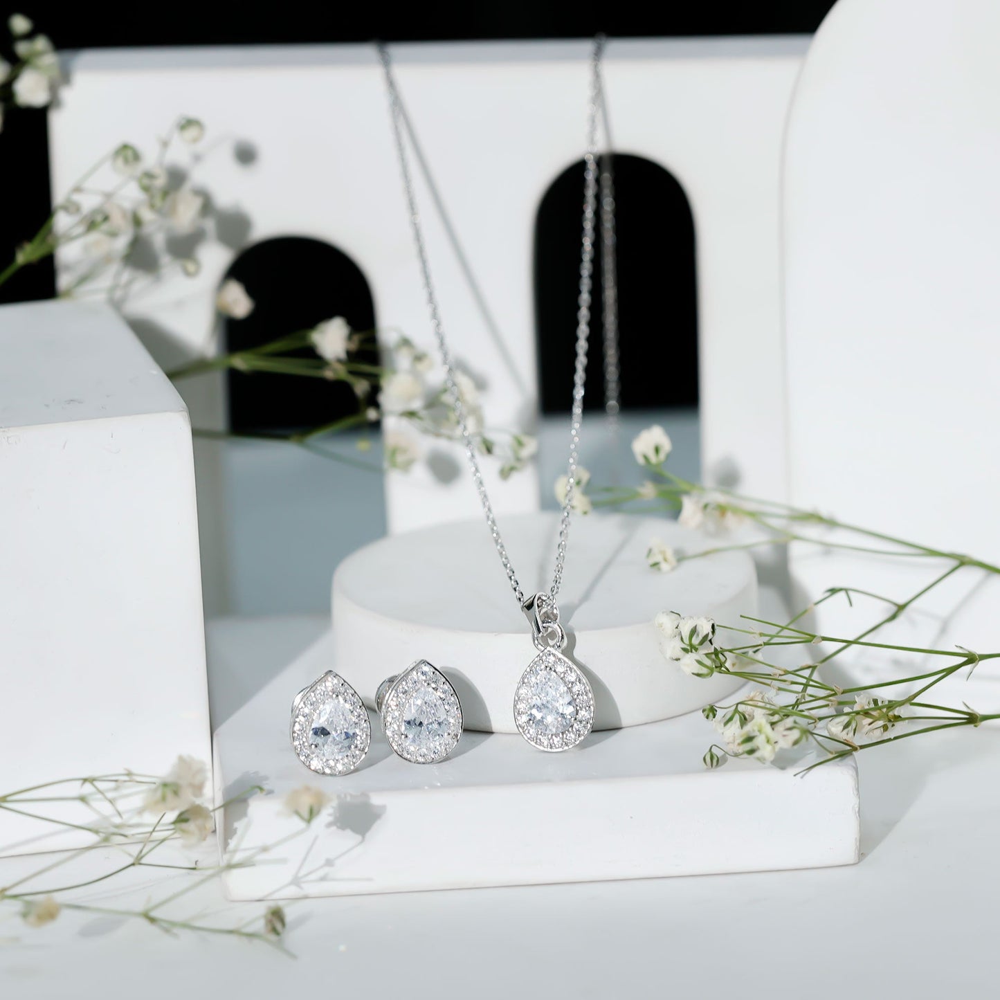 Certified CZ Diamond Teardrop Necklace and Earrings Set for Women