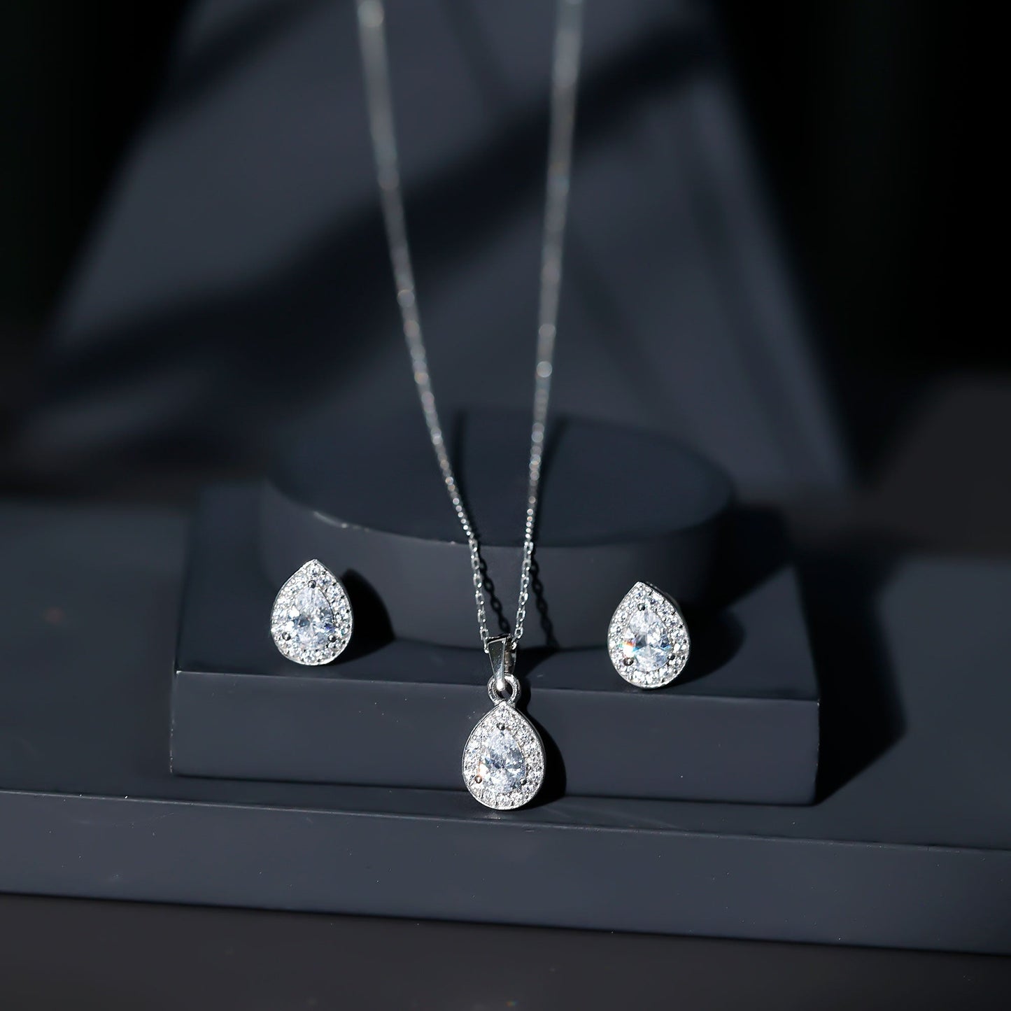 Certified CZ Diamond Teardrop Necklace and Earrings Set for Women